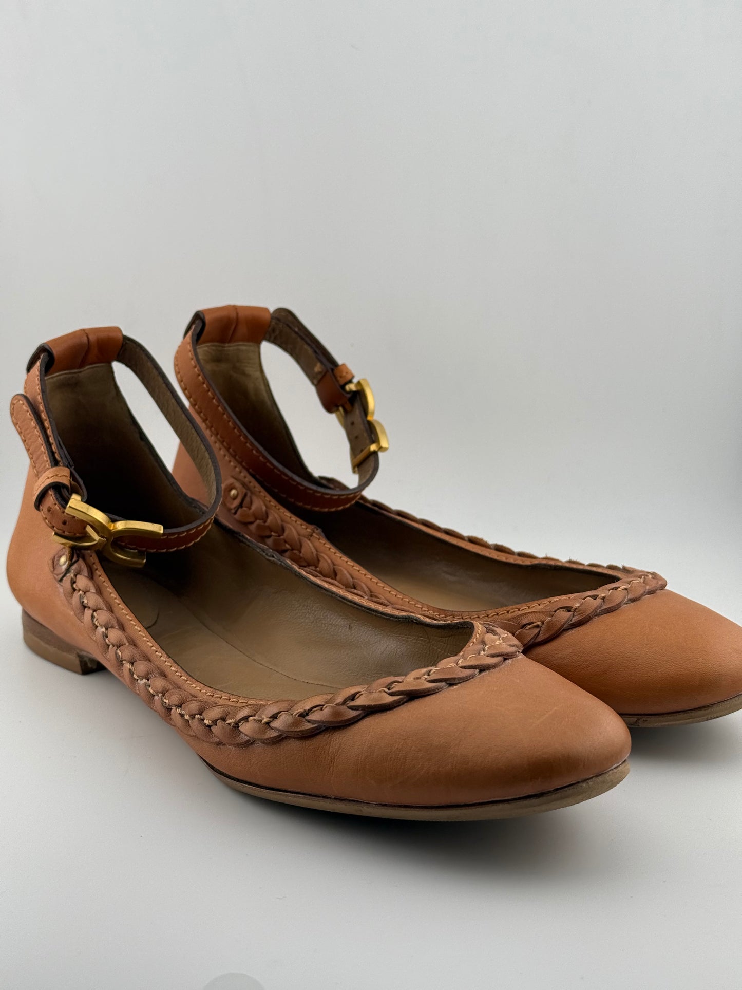 Chloe Bellet Flats with Ankle Strap & Plaited Trim - Tan (EUR 39.5)