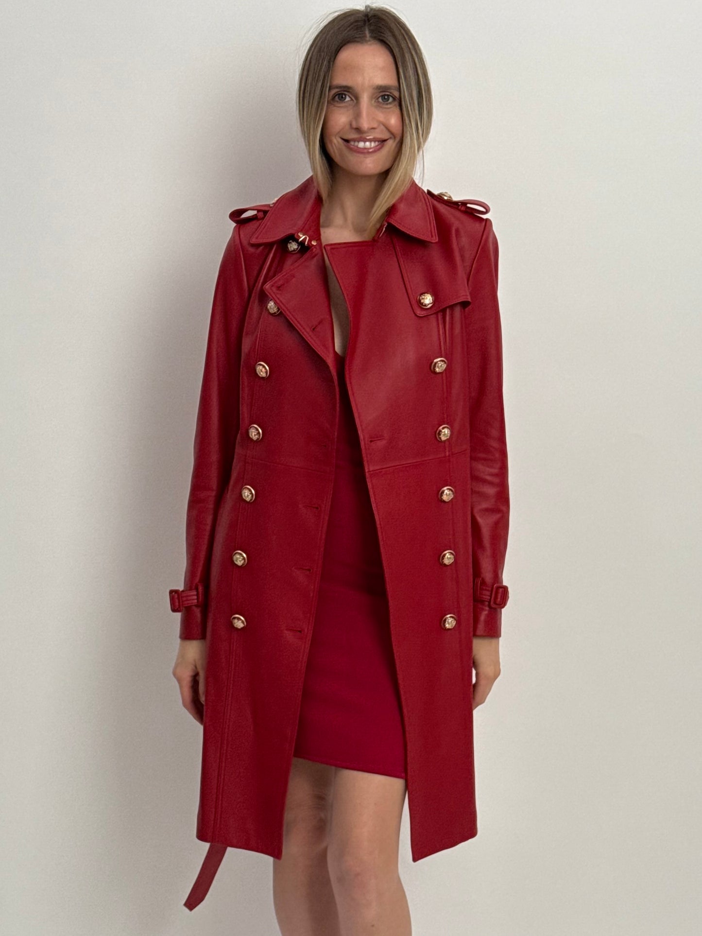 Santinni Couture Leather Trench Jacket - Red (Medium)
