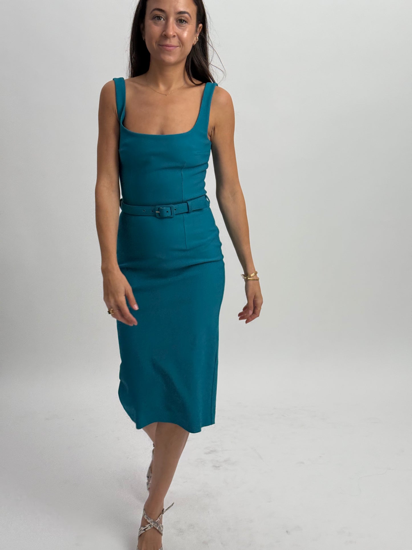 Zoe Vine Mid Length Dress with Pencil Skirt & Belted Waist - Turquoise (UK 8)