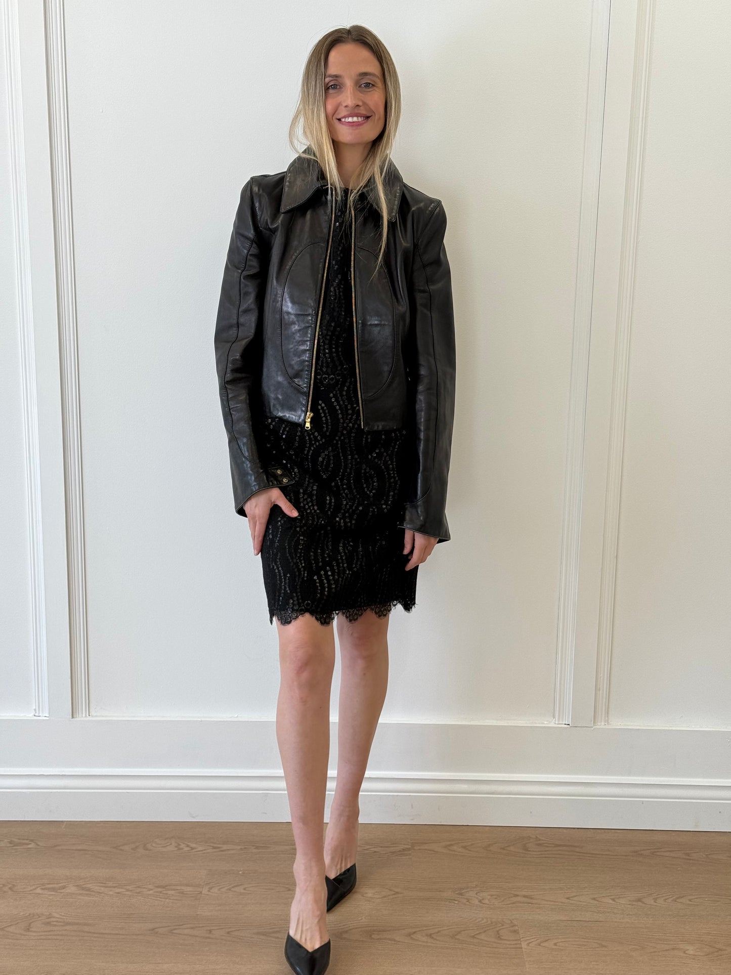 Dolce & Gabbana Leather Biker Jacket with Statement Cuff & Leopard Lining - Black (Estimated XS/S)