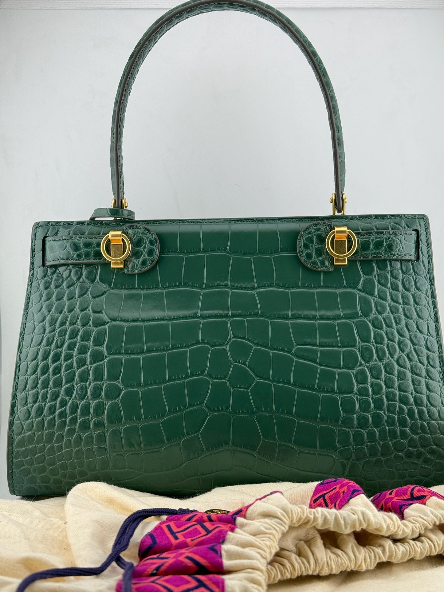 Tory Burch Croc Lee Radziwill Top Handle Bag with Detachable Straps - Green