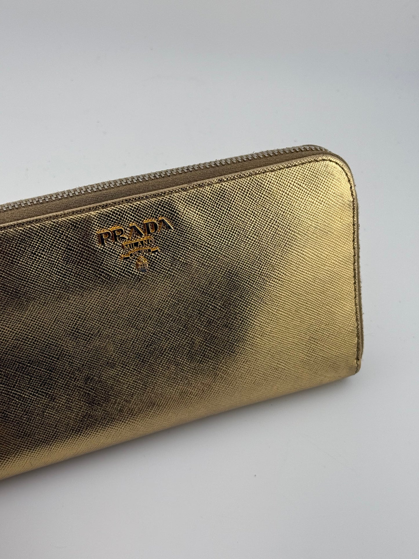 Prada Single Zip-Around Wallet - Gold Metallic