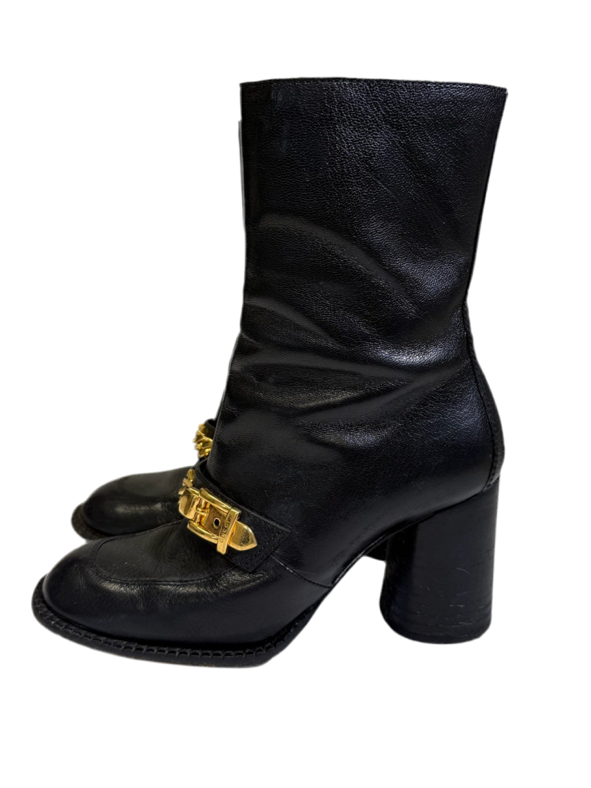 Gucci Leather Heeled Ankle Boots with Sylvie Chain 85 – Black (Size 38)