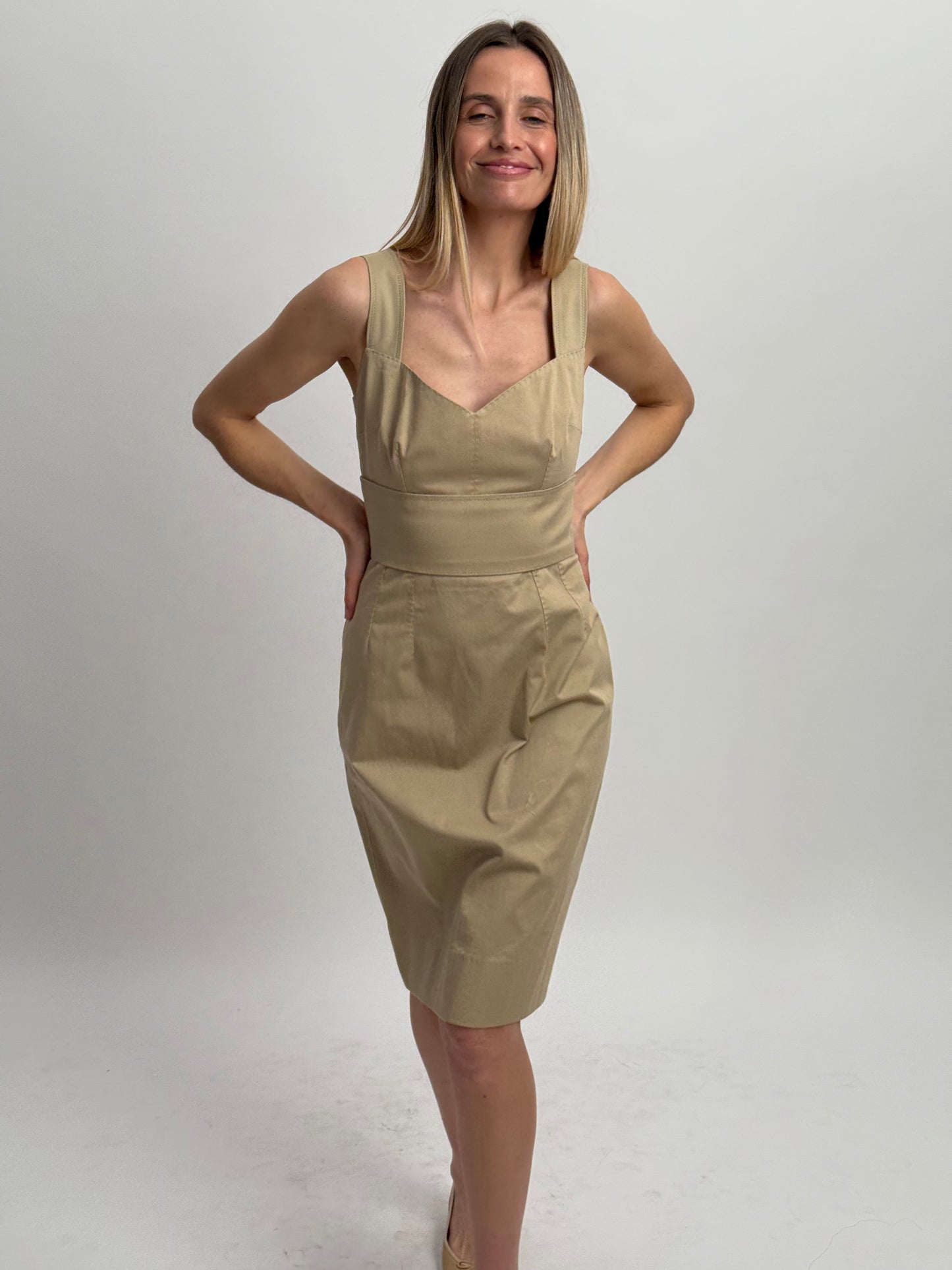 Dolce & Gabbana Structured Midi Dress with Pin Tucks - Sand (IT 40)