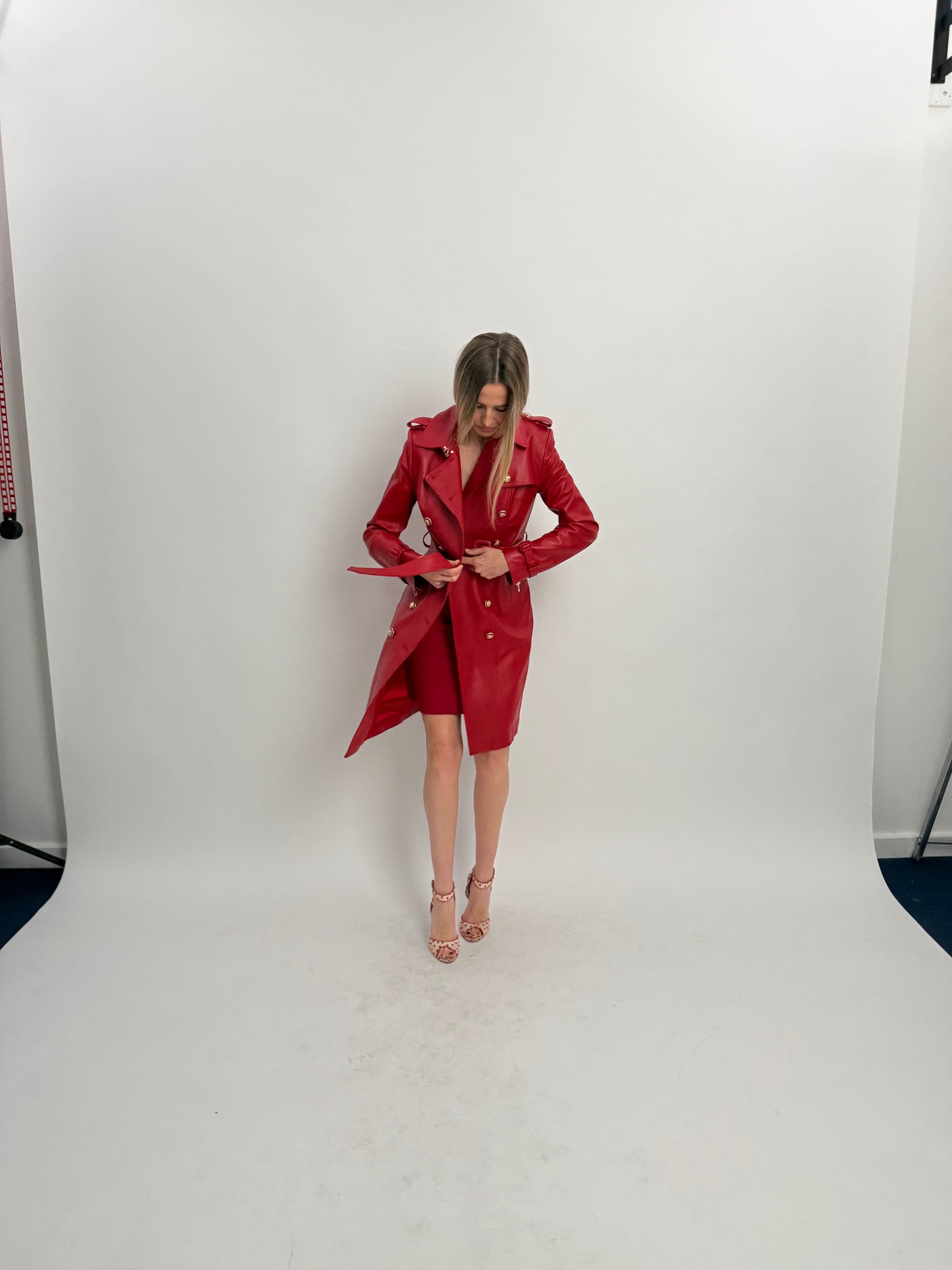 Santinni Couture Leather Trench Jacket - Red (Medium)