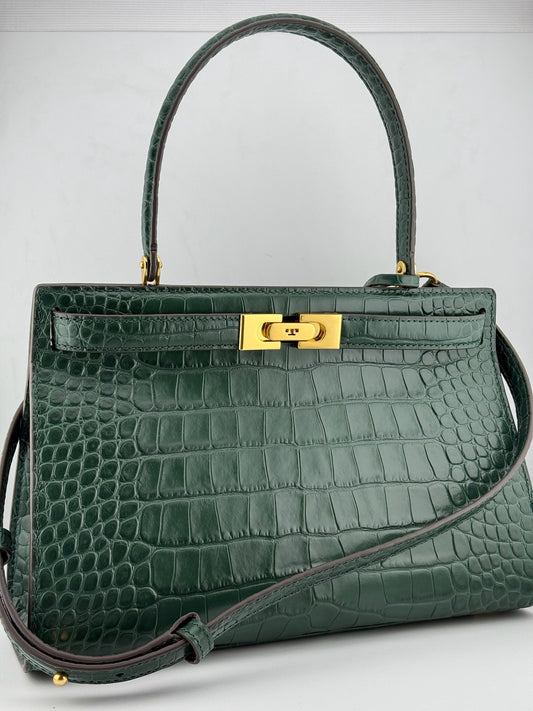 Tory Burch Croc Lee Radziwill Top Handle Bag with Detachable Straps - Green