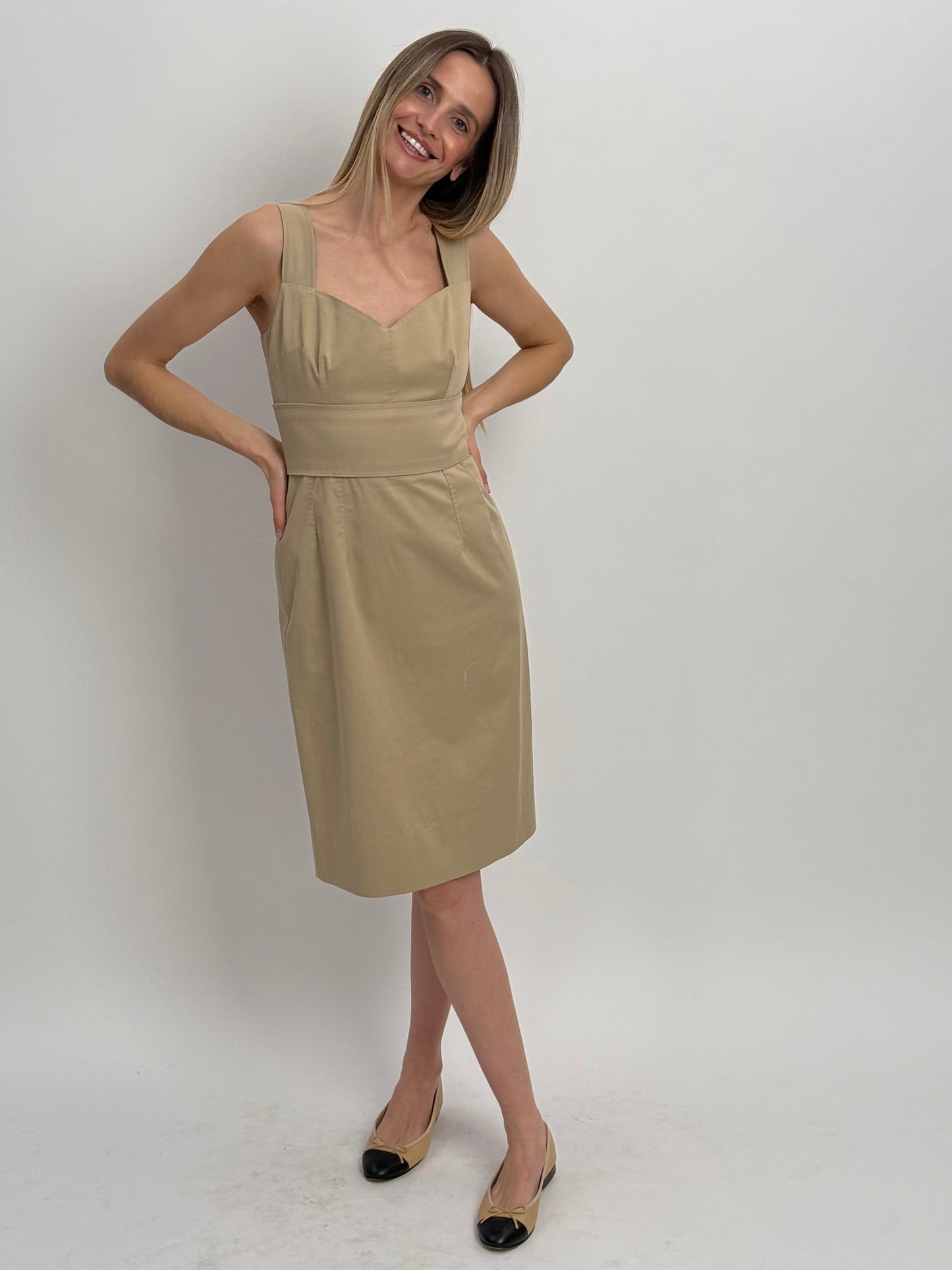 Dolce & Gabbana Structured Midi Dress with Pin Tucks - Sand (IT 40)