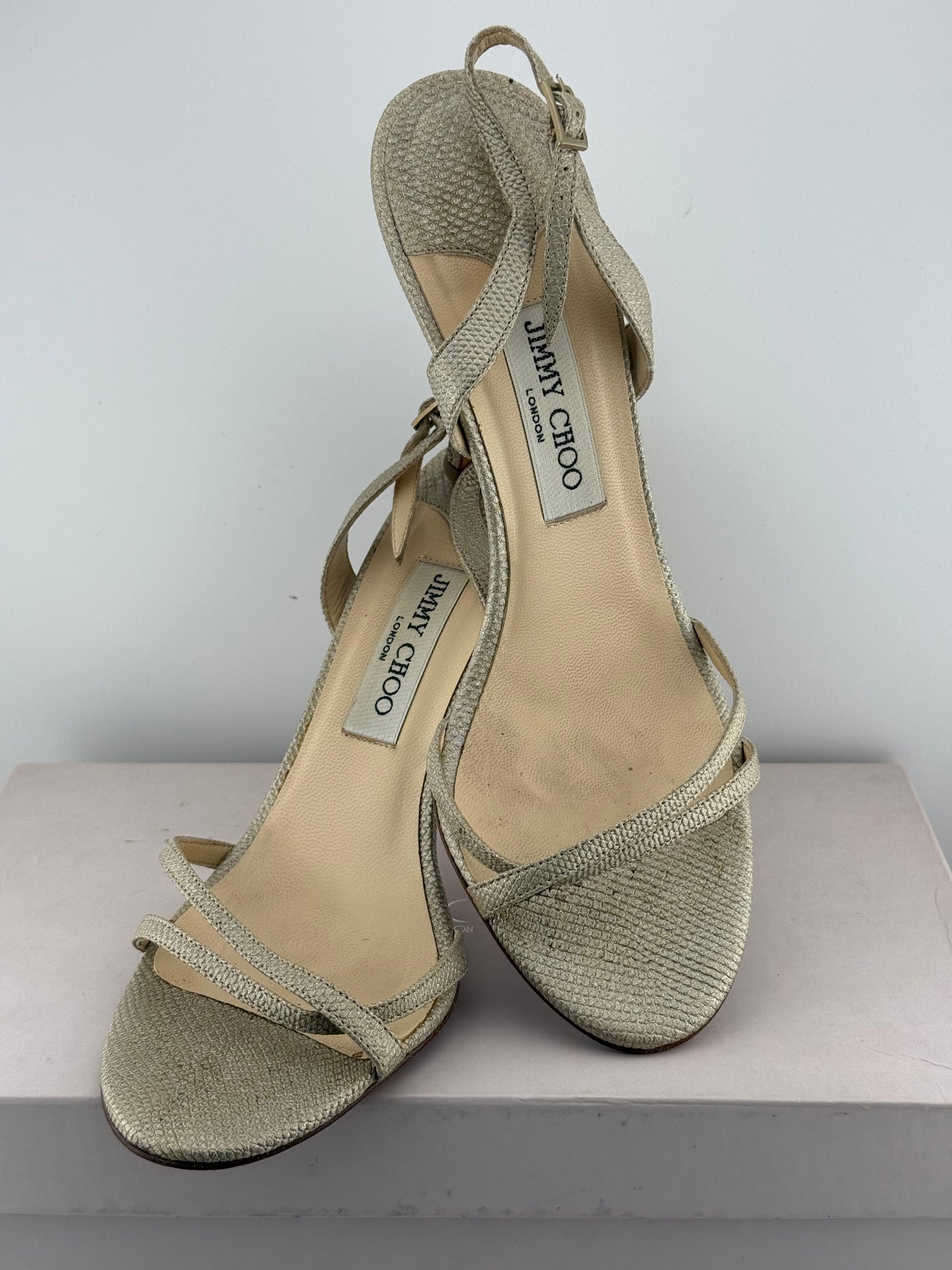 Jimmy Choo Sandals with Open Toe & Sling Back Strap - Gold Snake (EUR 40)