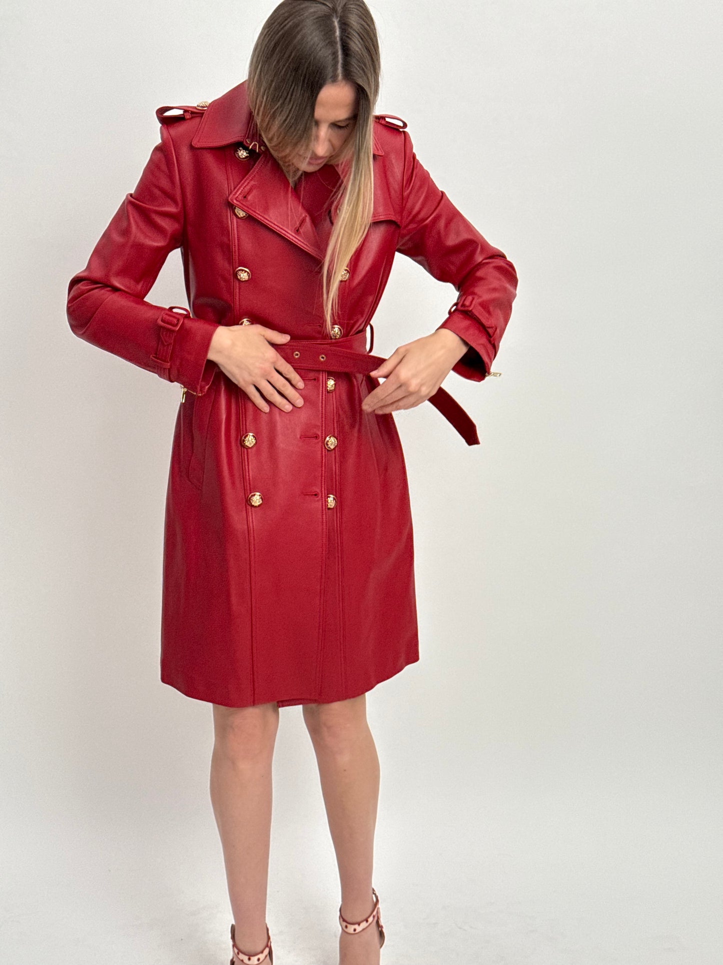Santinni Couture Leather Trench Jacket - Red (Medium)