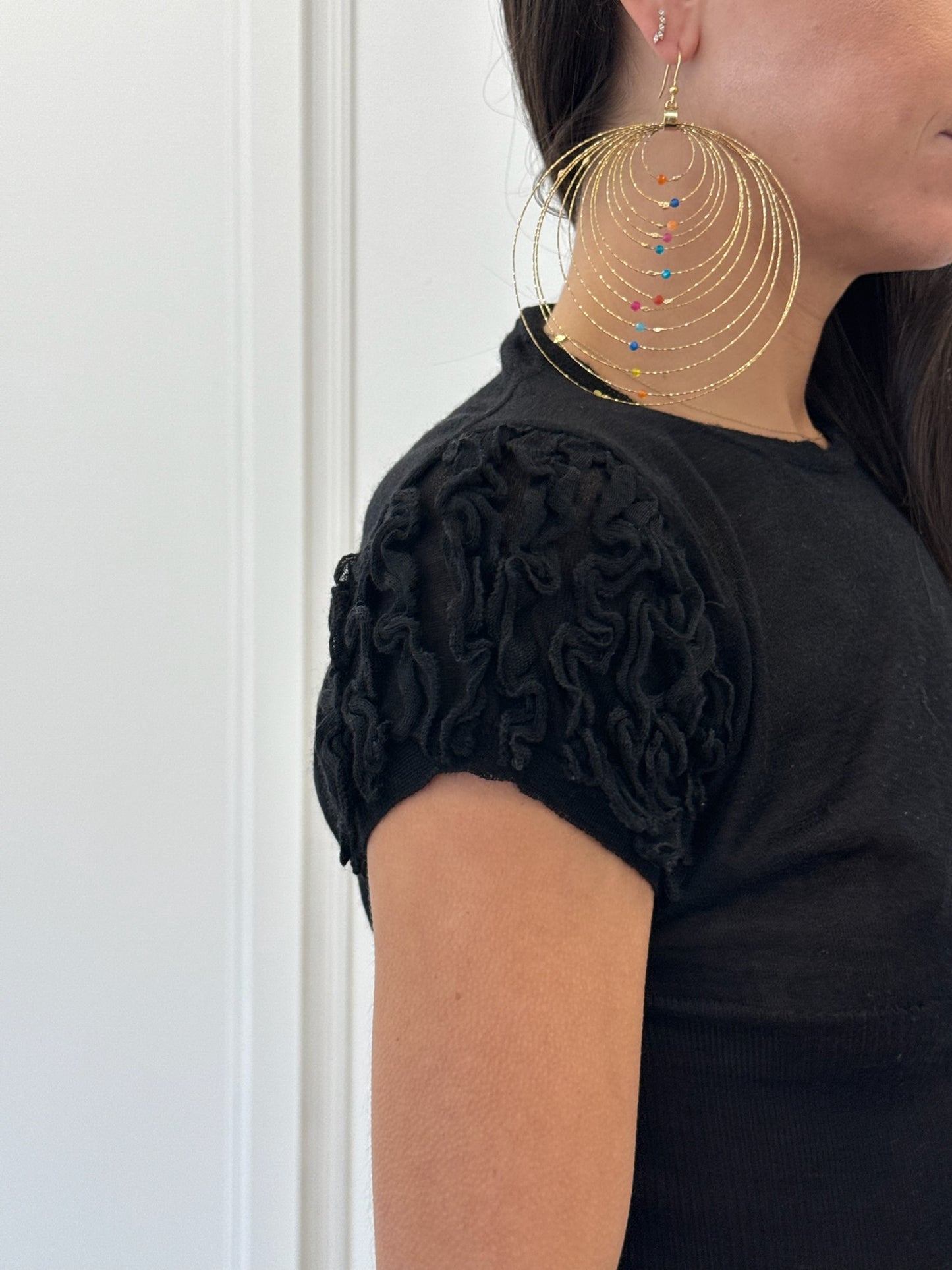 Jil Sander Short Sleeve Ruffle Top - Black (Size 36)