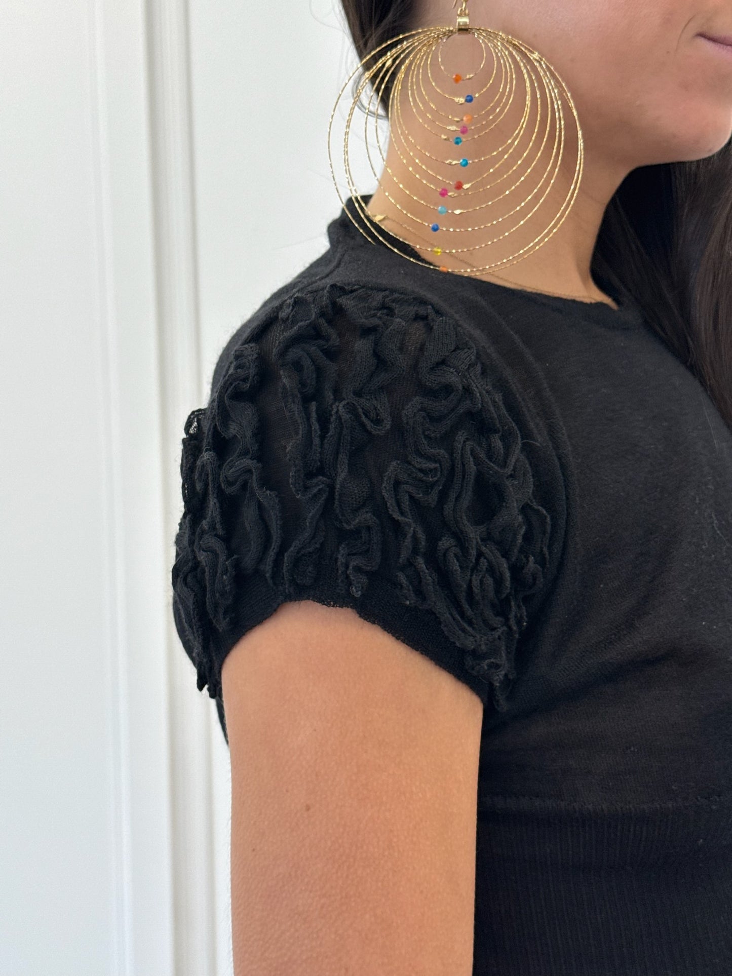 Jil Sander Short Sleeve Ruffle Top - Black (Size 36)