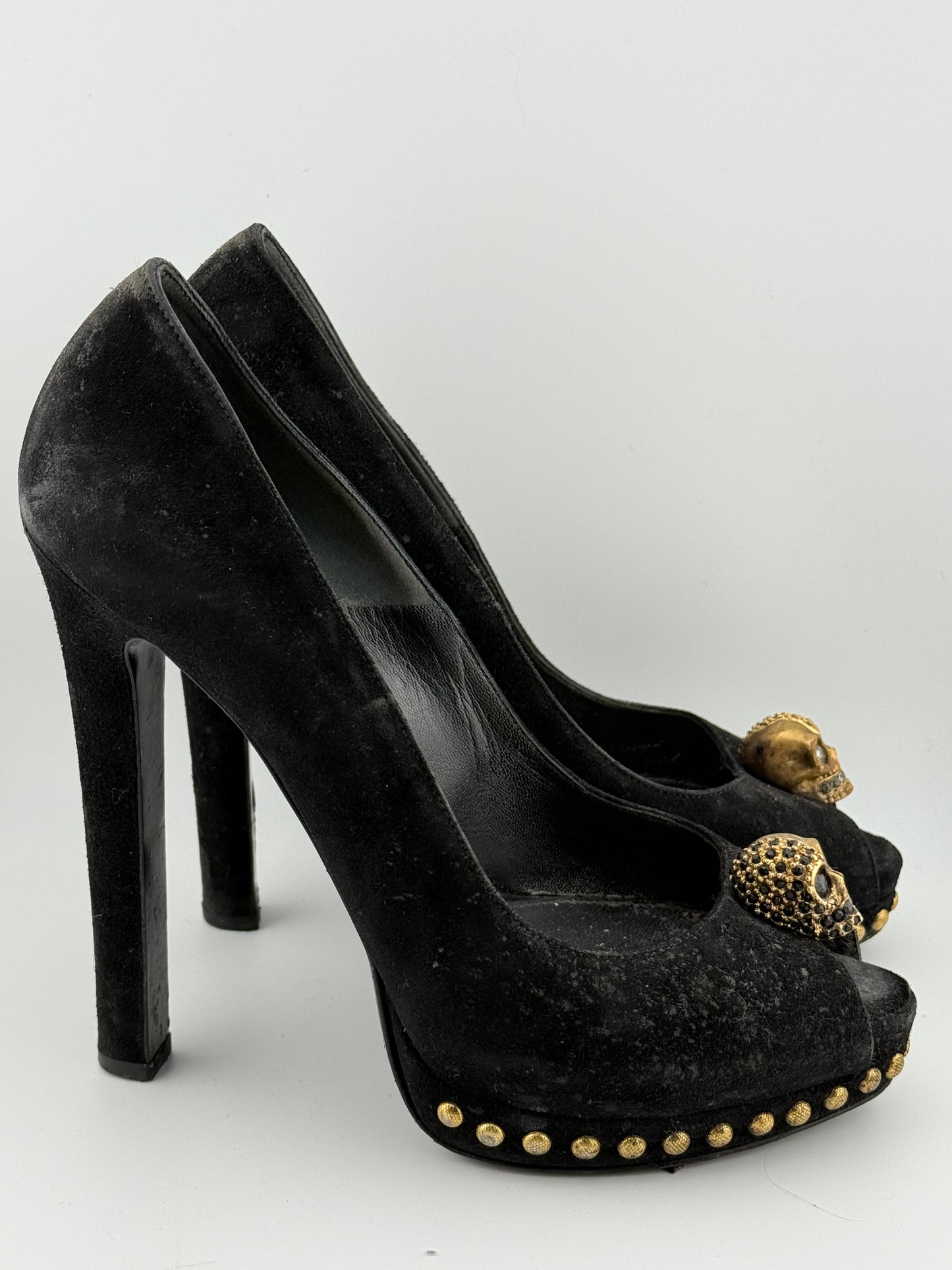 Alexander McQueen Signature Skull Peep Toes - Black Suede (EUR 40)