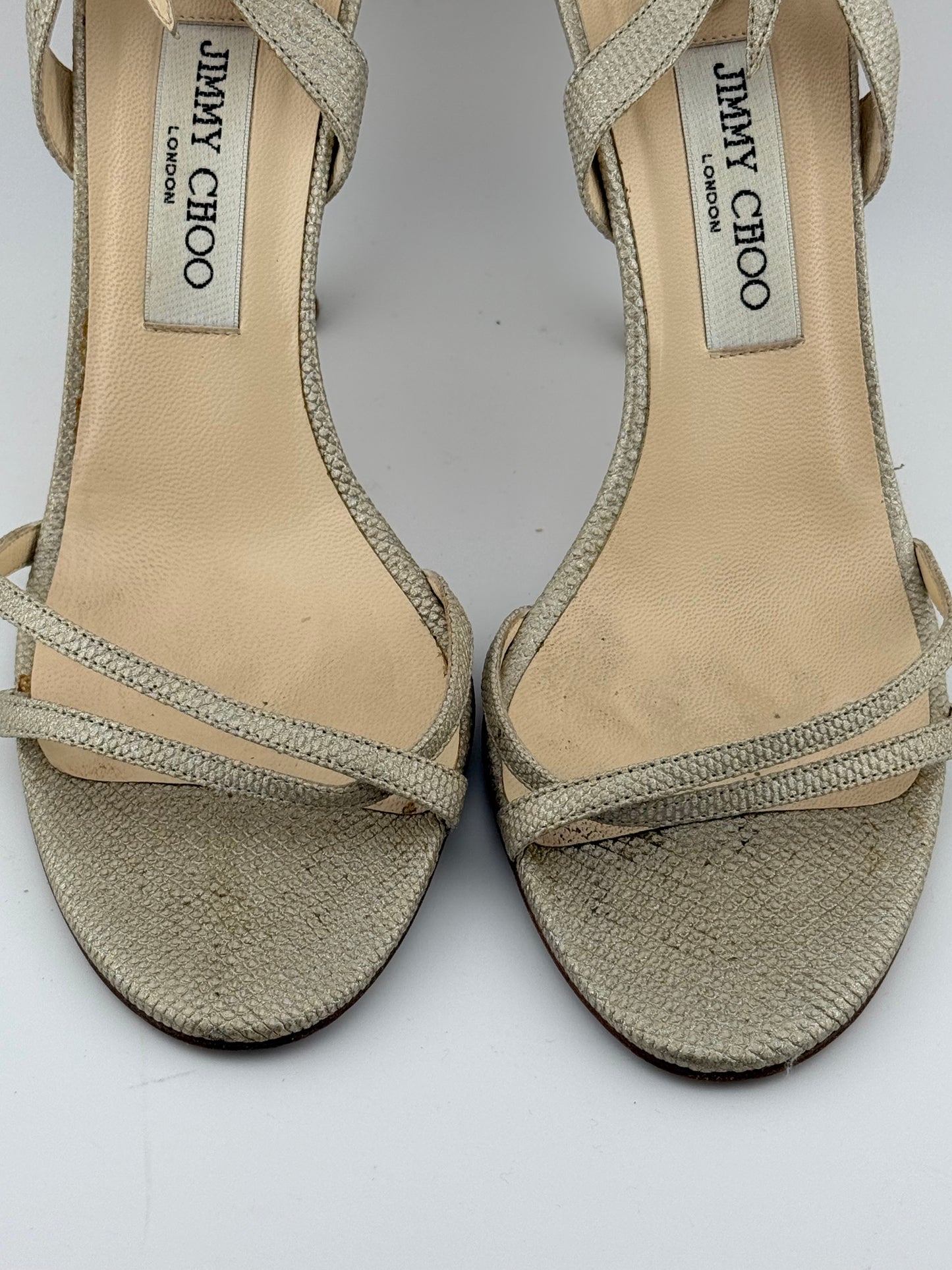 Jimmy Choo Sandals with Open Toe & Sling Back Strap - Gold Snake (EUR 40)