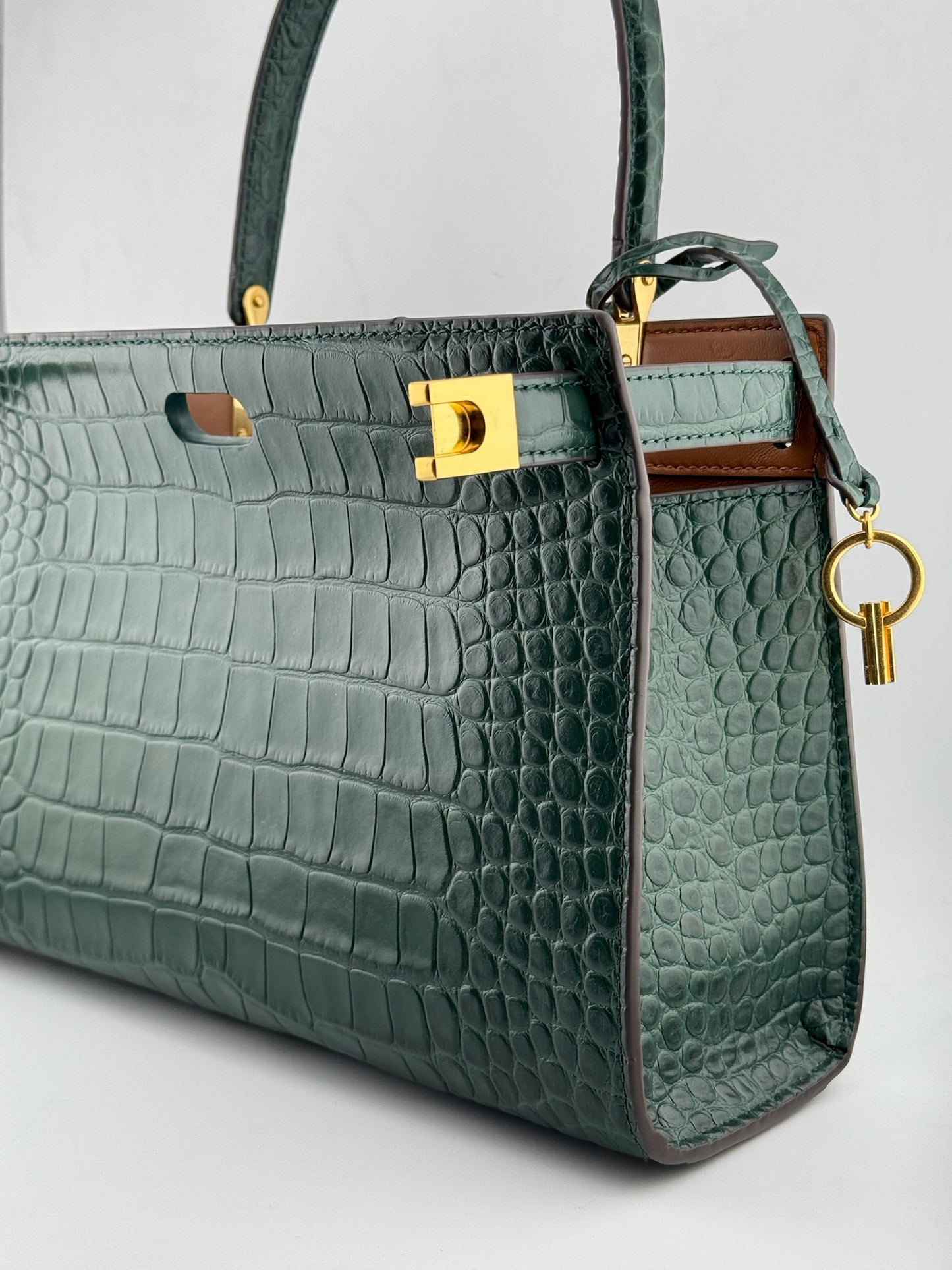 Tory Burch Croc Lee Radziwill Top Handle Bag with Detachable Straps - Green