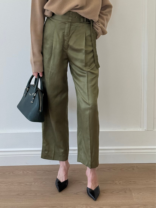 Sandro Green Barrel Leg Pants with Adjustable Belt - Khaki (Size 38)