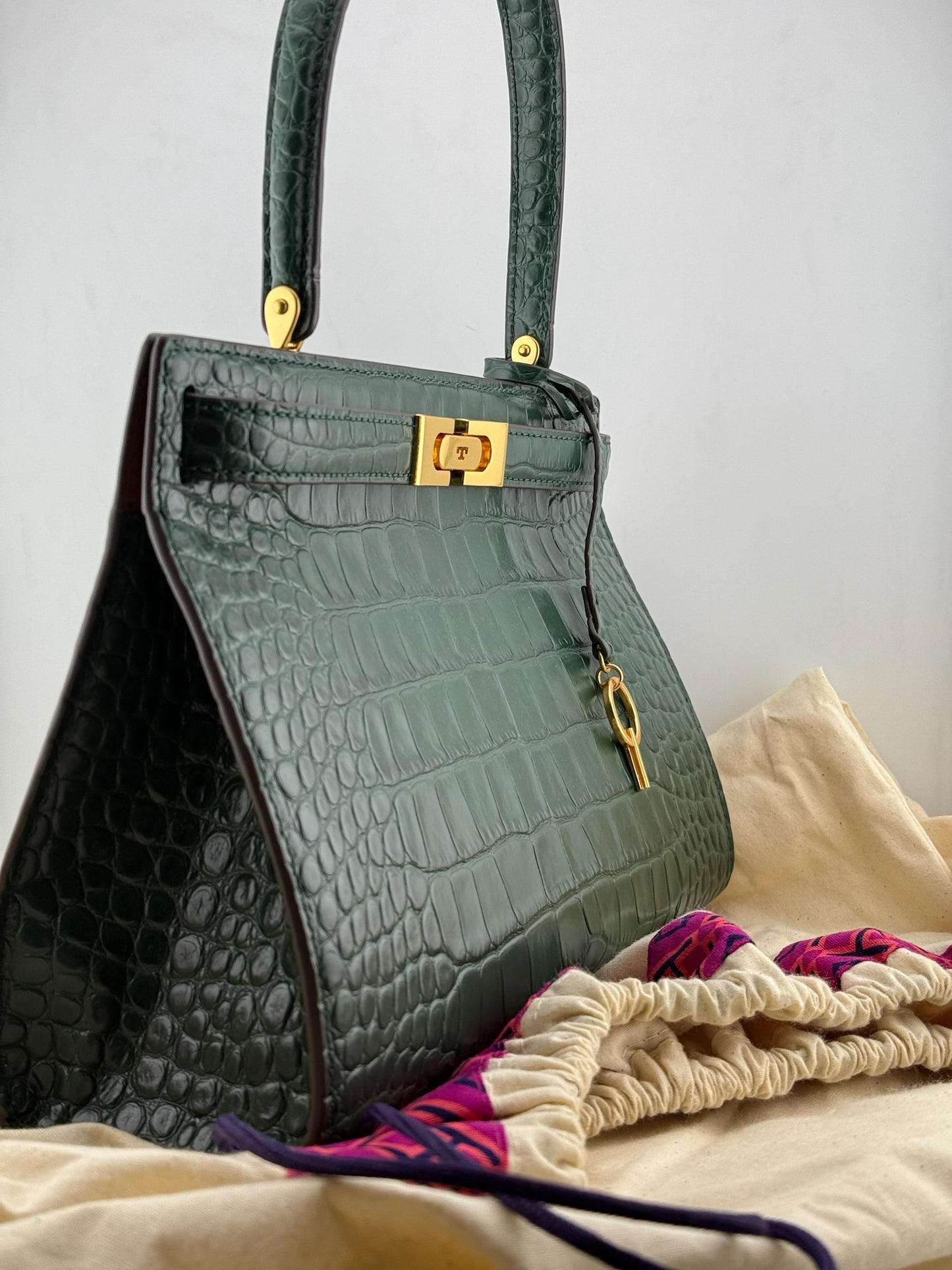 Tory Burch Croc Lee Radziwill Top Handle Bag with Detachable Straps - Green