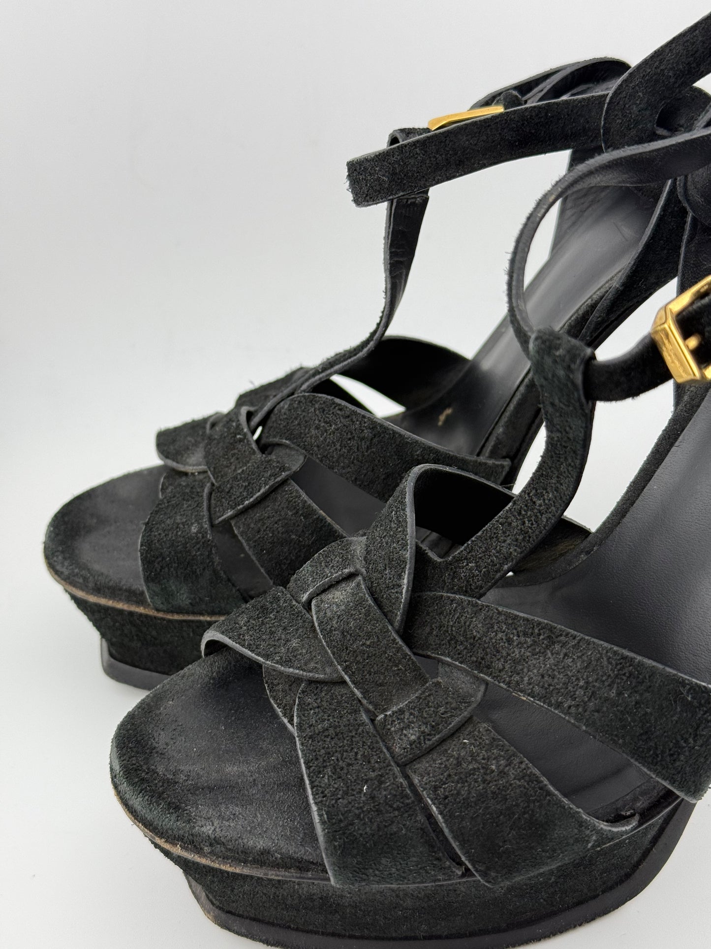 YSL Tribute Woven Open Toe Platforms - Black (EUR 39)