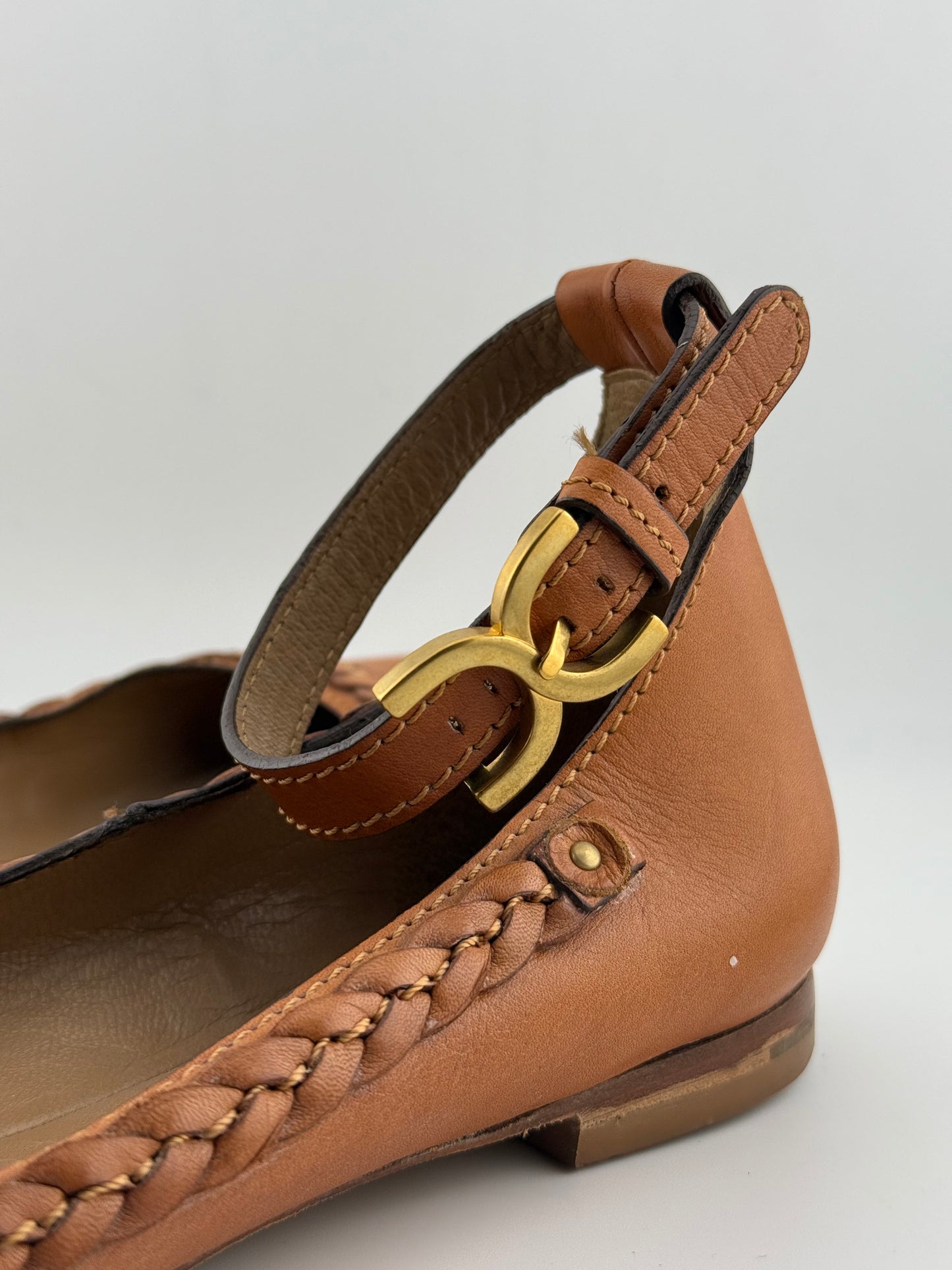 Chloe Bellet Flats with Ankle Strap & Plaited Trim - Tan (EUR 39.5)