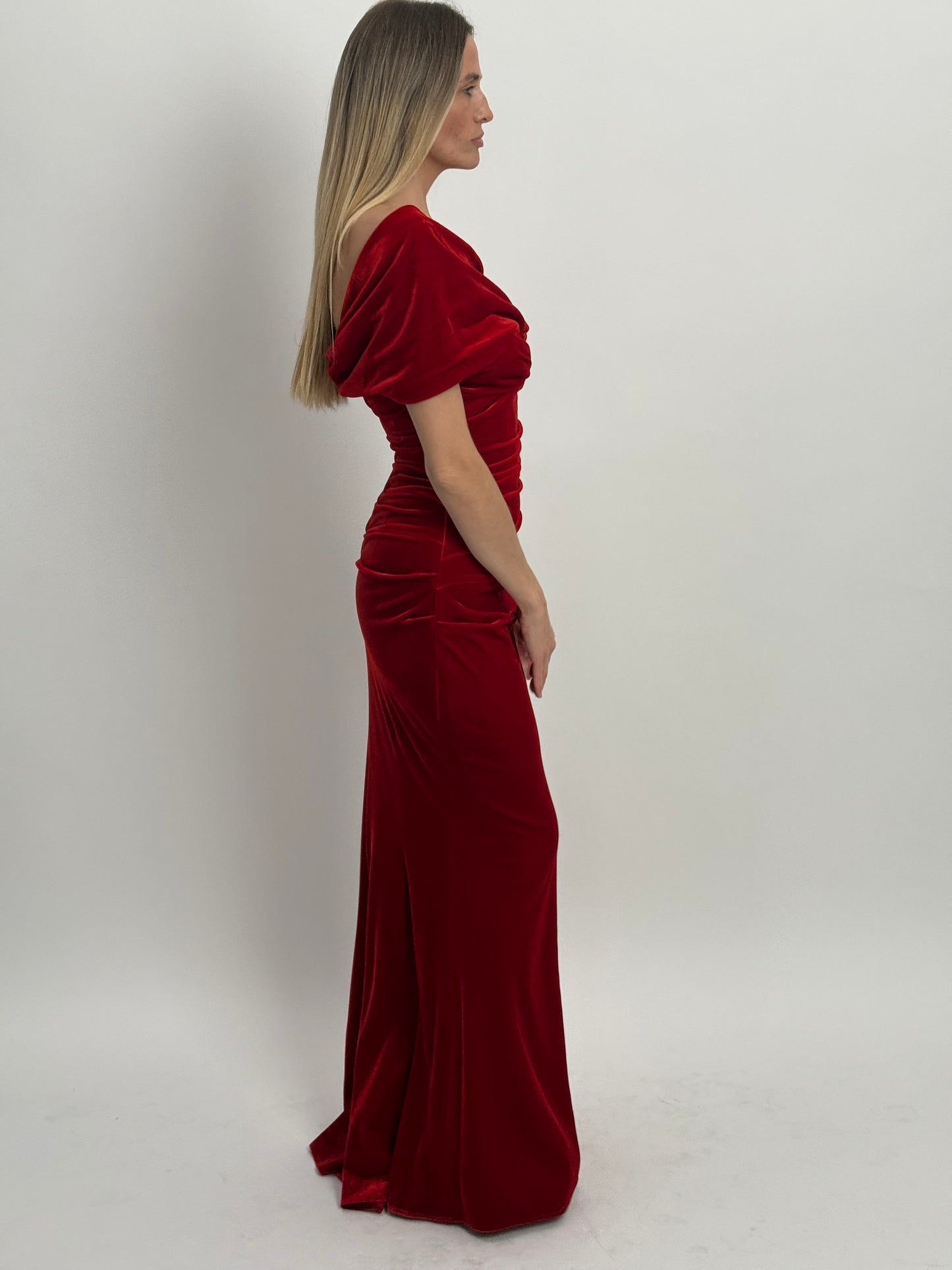 Talbot Runhof Velvet Full Length Gown with Tiered Ruching & Bodice - Red (Estimated Size Small)