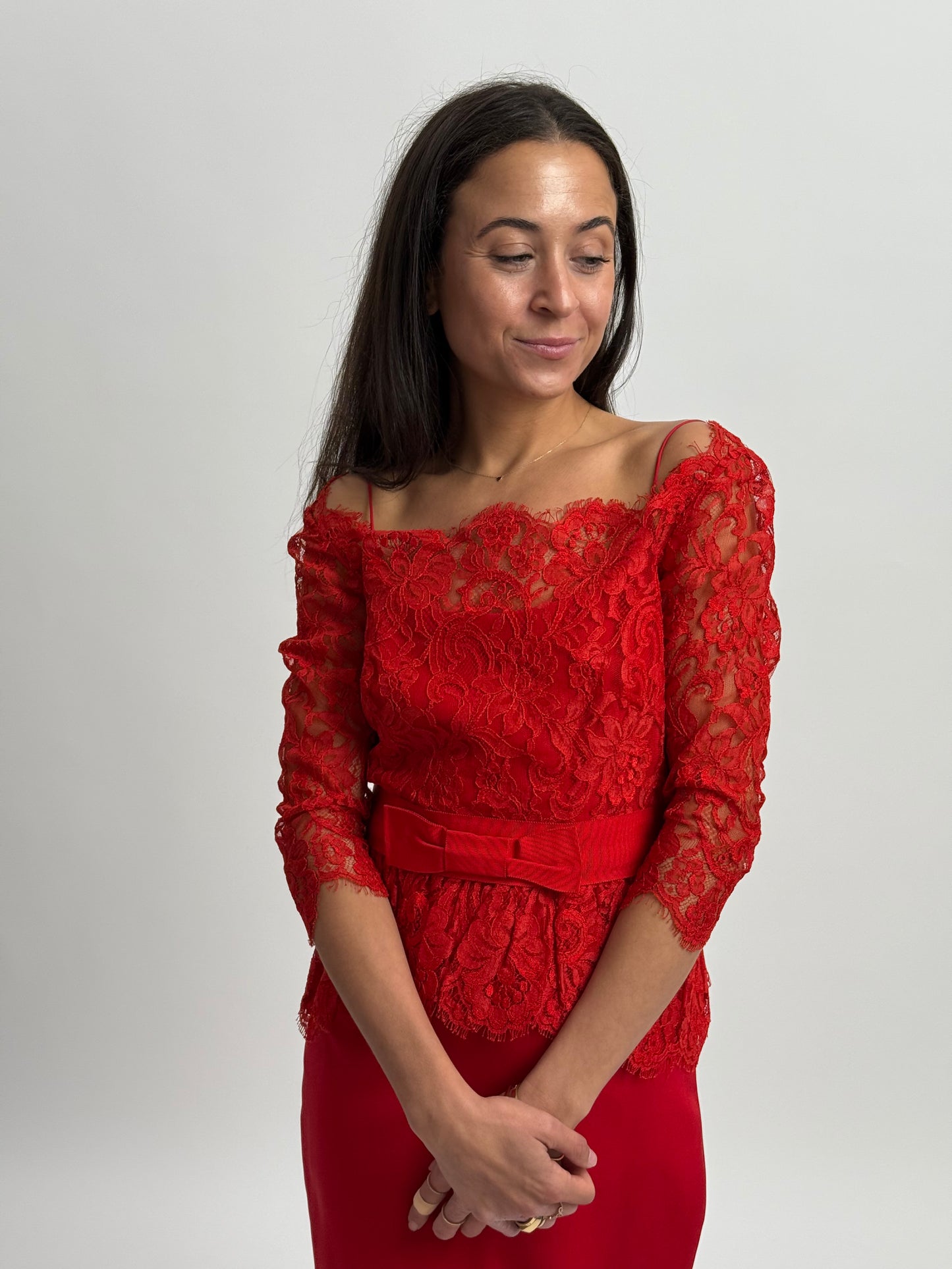 Marchesa Notte Lace Midi Dress - Red (Size 4)