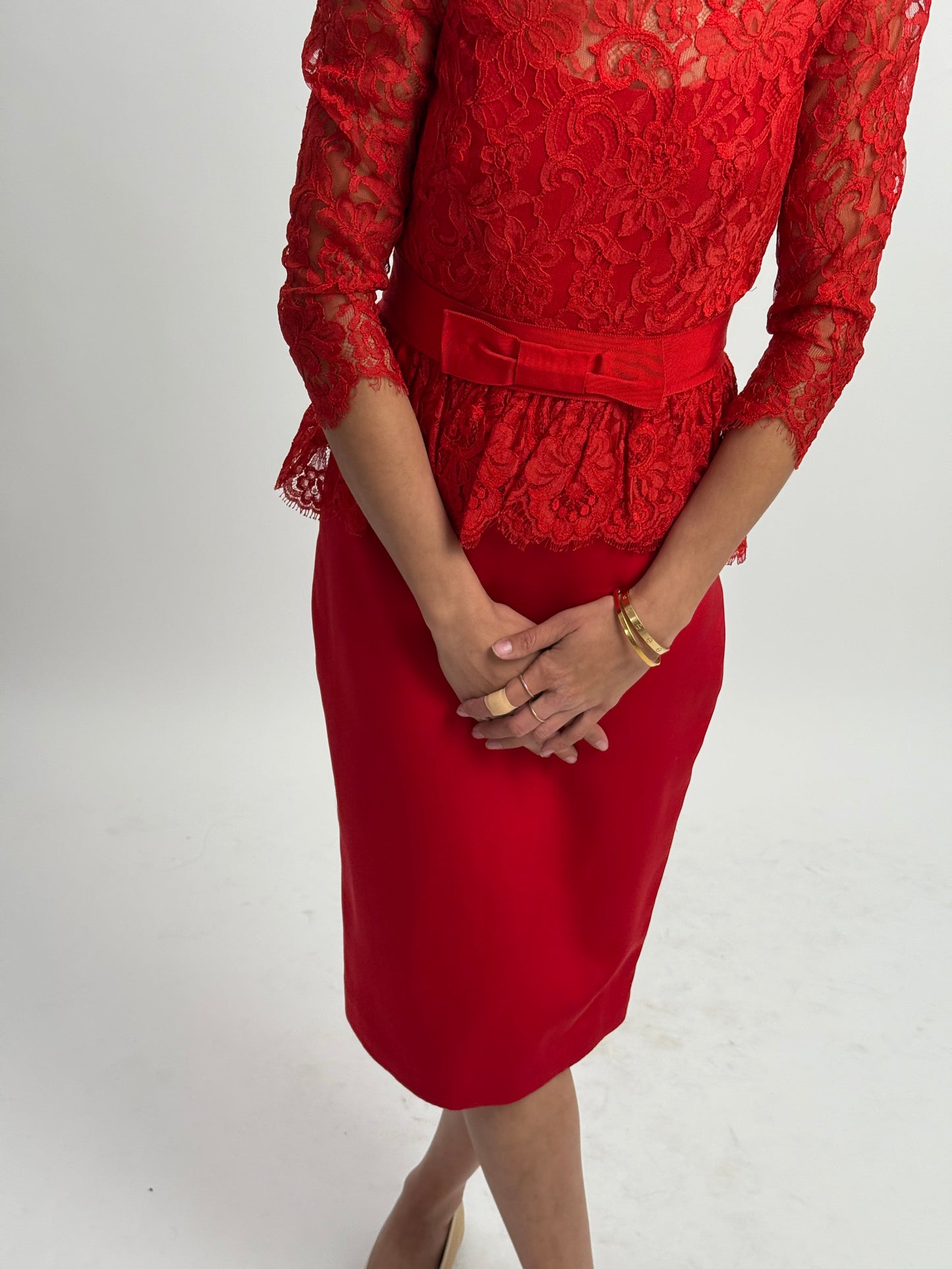 Marchesa Notte Lace Midi Dress - Red (Size 4)