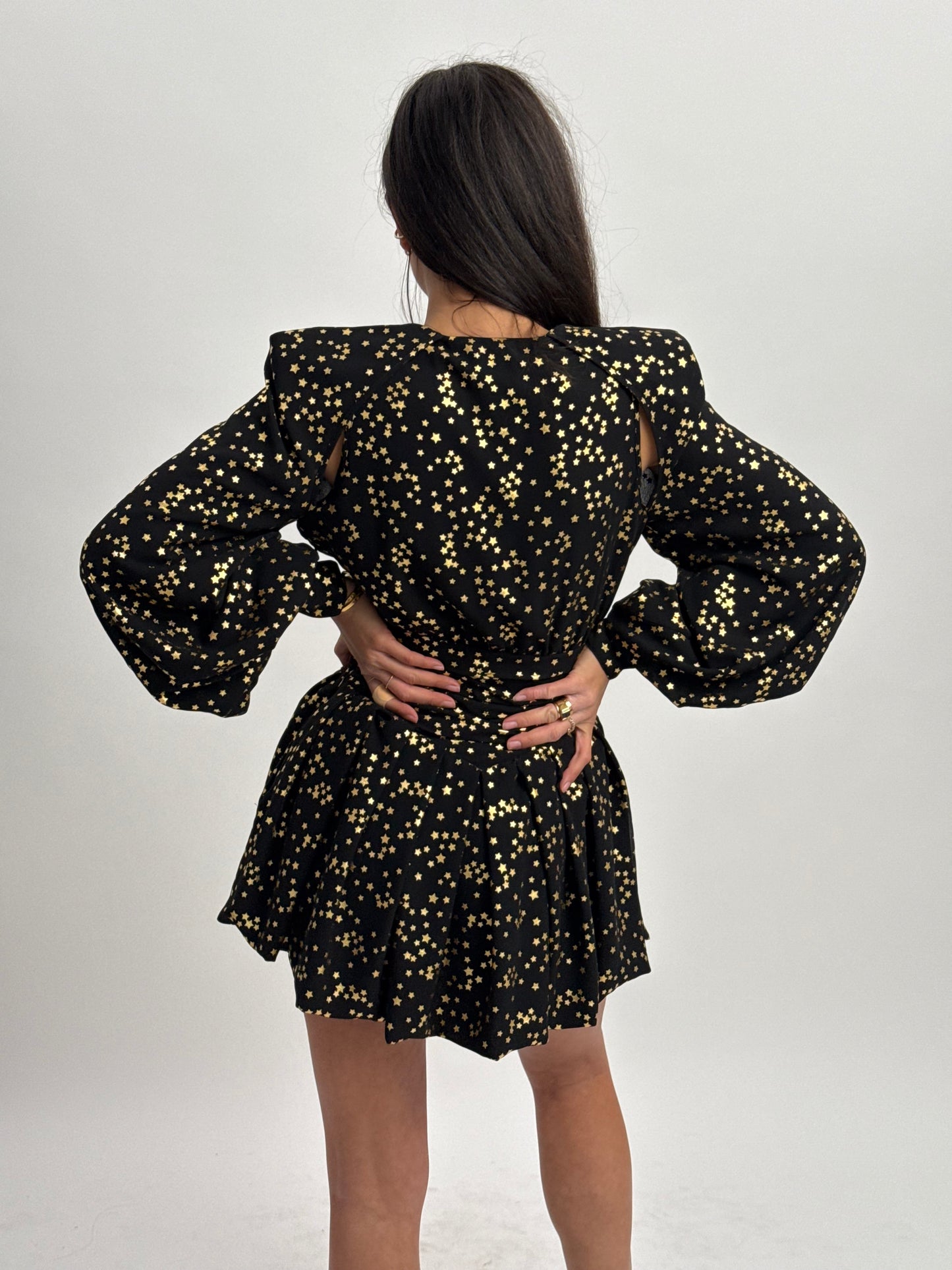 THE ATTICO Gathered Gold Star Mini Dress with Shoulder Pad & Cut Out Detail - IT 38