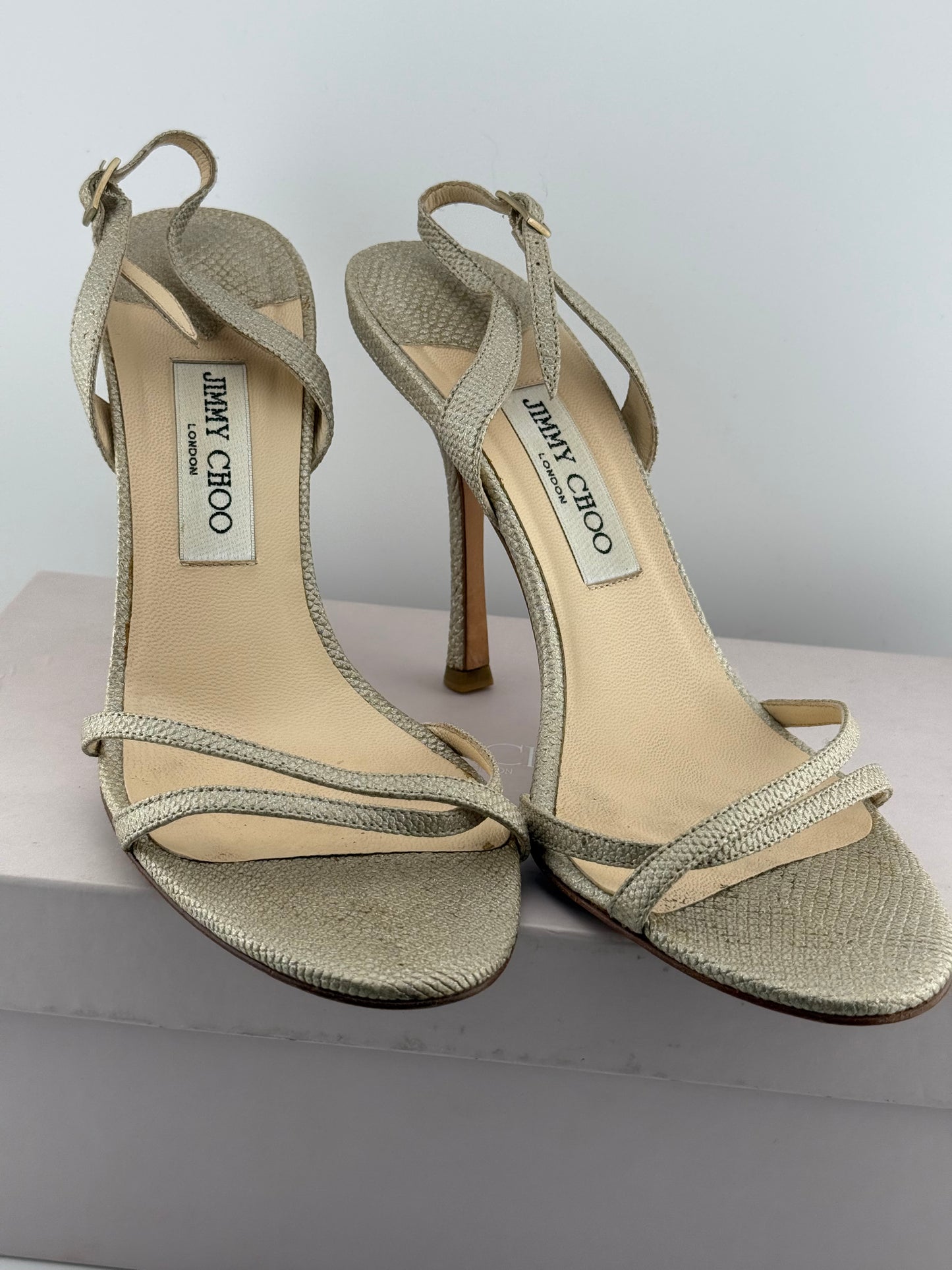 Jimmy Choo Sandals with Open Toe & Sling Back Strap - Gold Snake (EUR 40)