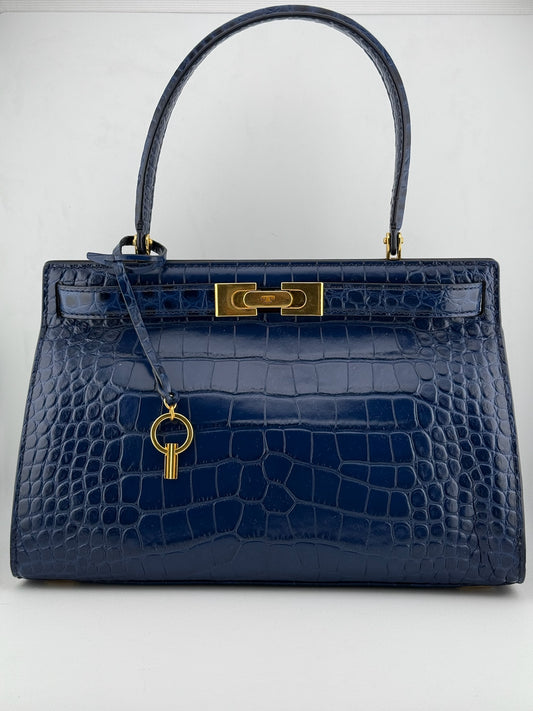 Tory Burch Croc Lee Radziwill Top Handle Bag with Detachable Straps - Blue