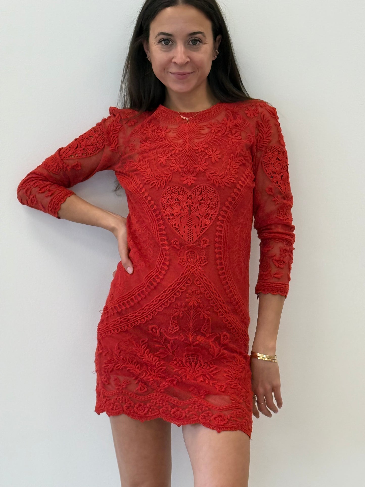 Isabel Marant Lace Long Sleeve Mini Dress - Red (Size 34)