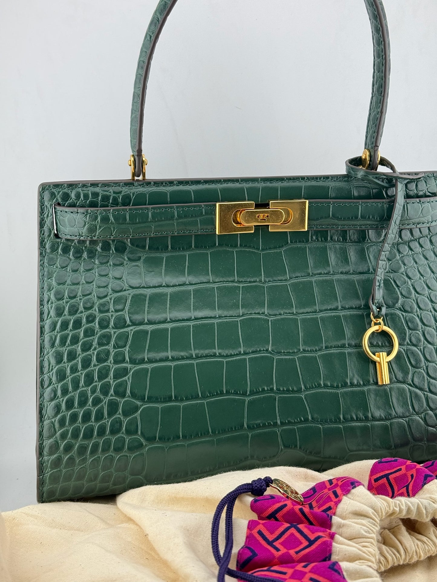 Tory Burch Croc Lee Radziwill Top Handle Bag with Detachable Straps - Green