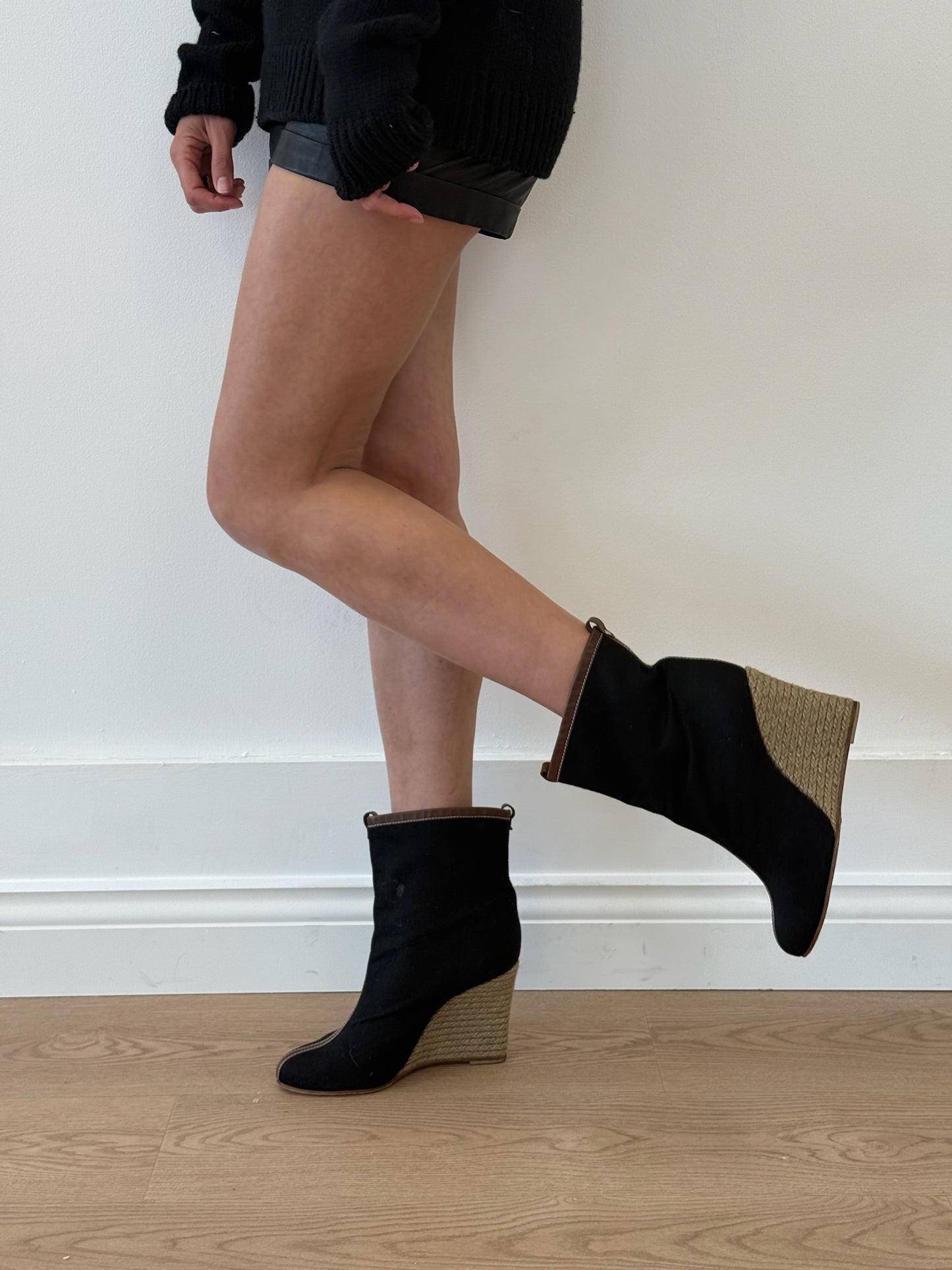 Christian Louboutin Felt Ankle Boot with Jute Wedge Heel - Black/Brown (Size 40)