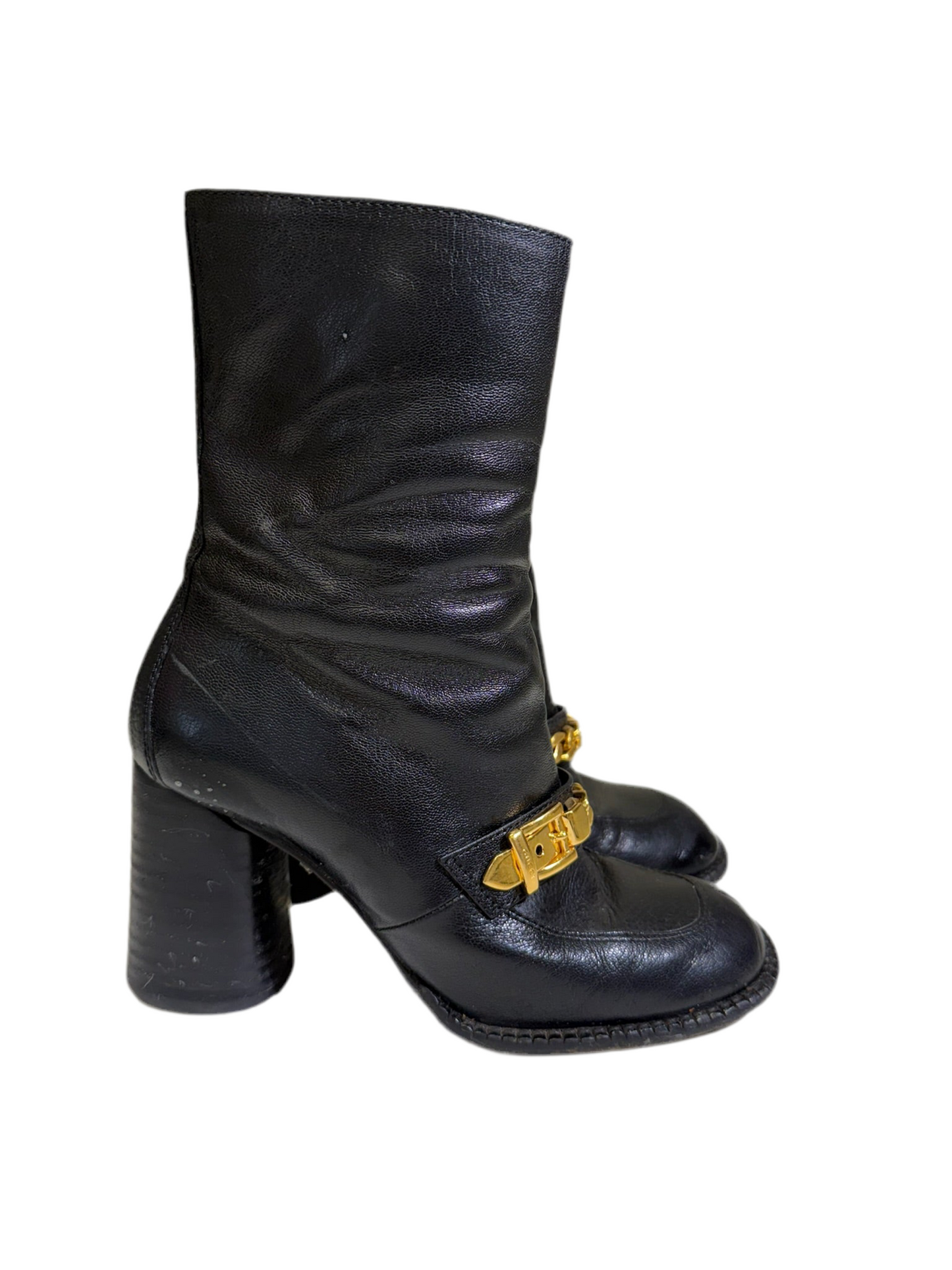 Gucci Leather Heeled Ankle Boots with Sylvie Chain 85 – Black (Size 38)