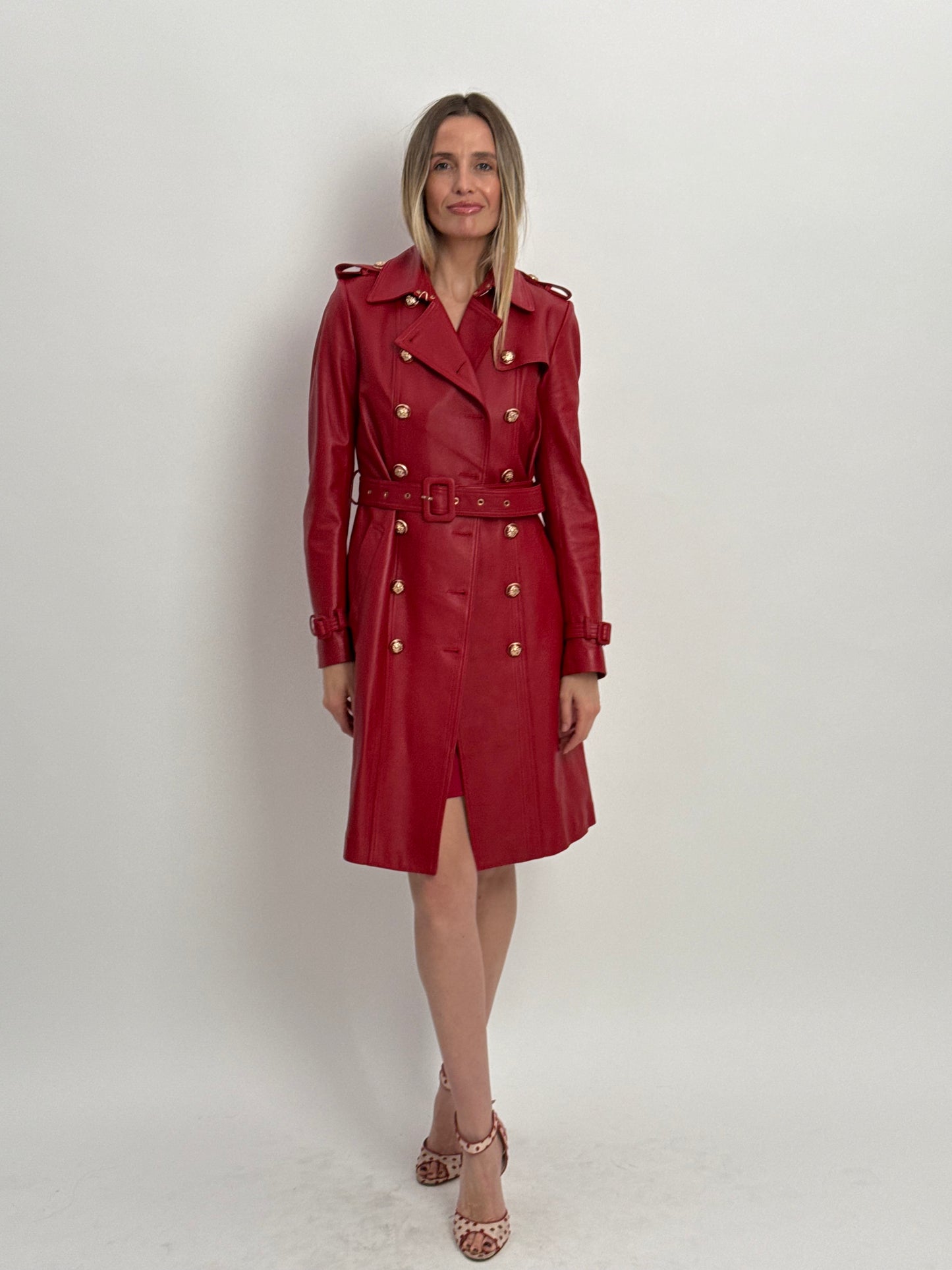 Santinni Couture Leather Trench Jacket - Red (Medium)