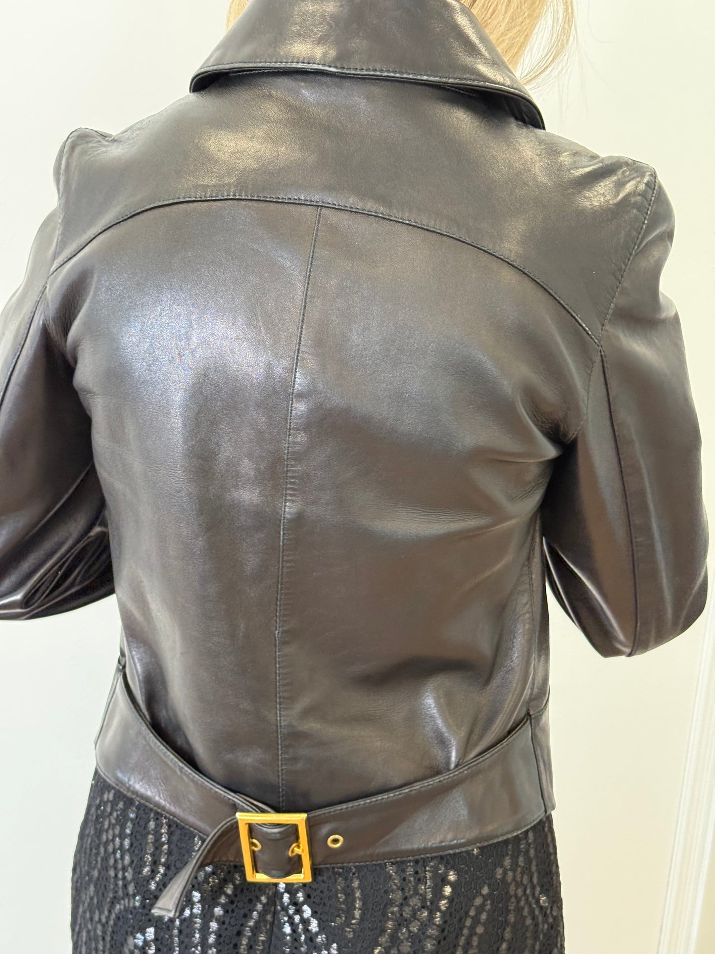 Dolce & Gabbana Leather Biker Jacket with Statement Cuff & Leopard Lining - Black (Estimated XS/S)