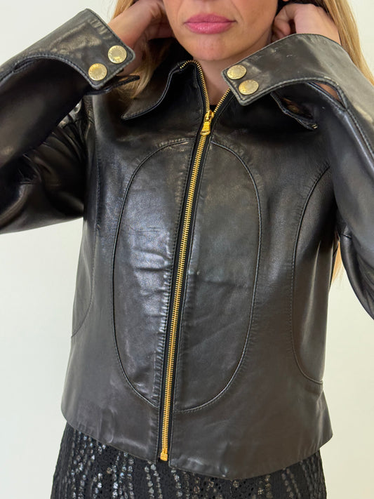 Dolce & Gabbana Leather Biker Jacket with Statement Cuff & Leopard Lining - Black (Estimated XS/S)