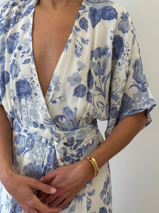Reformation Blue Floral Wrap Around Dress - Blue (Estimated Size 10)