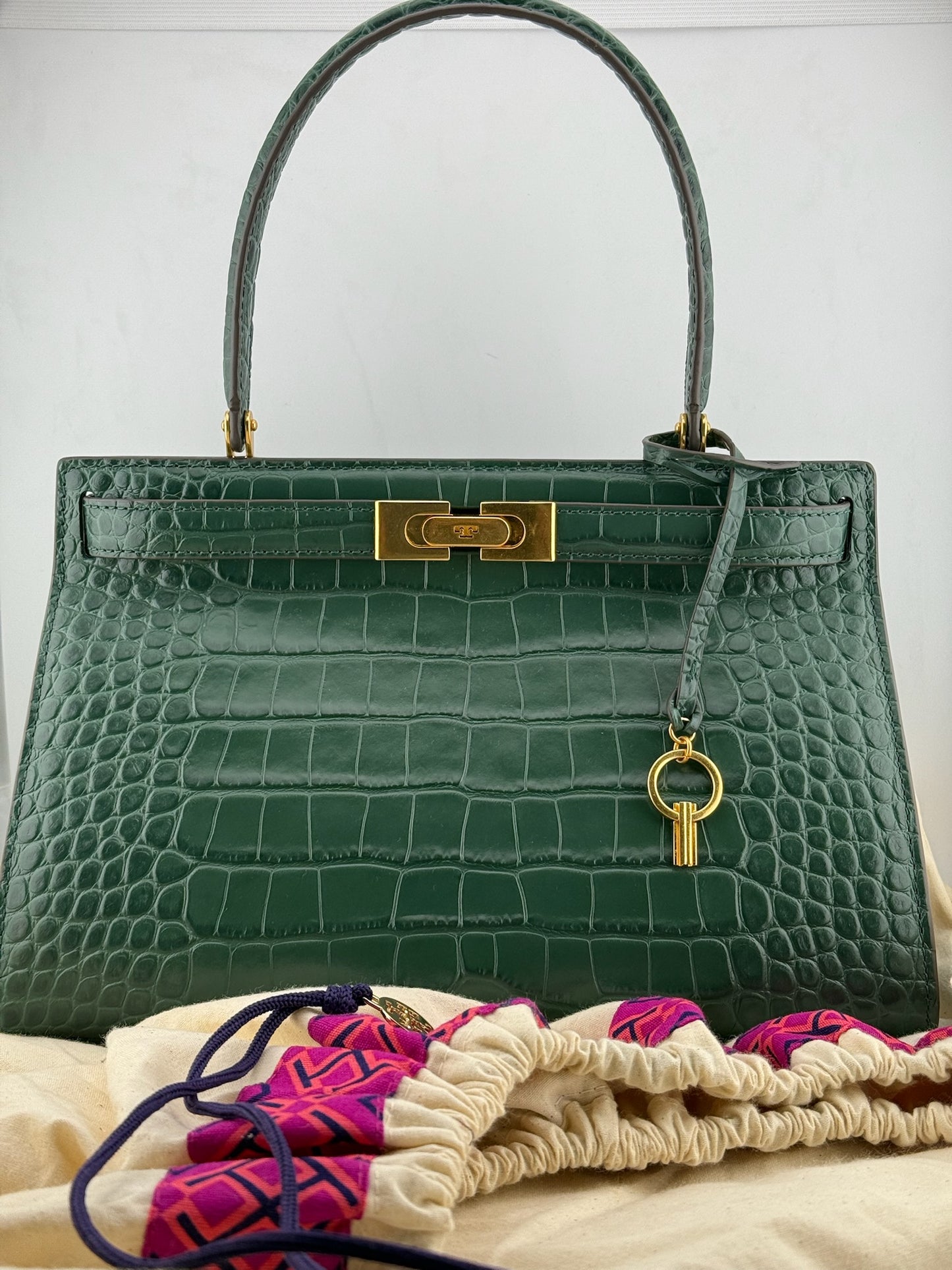 Tory Burch Croc Lee Radziwill Top Handle Bag with Detachable Straps - Green