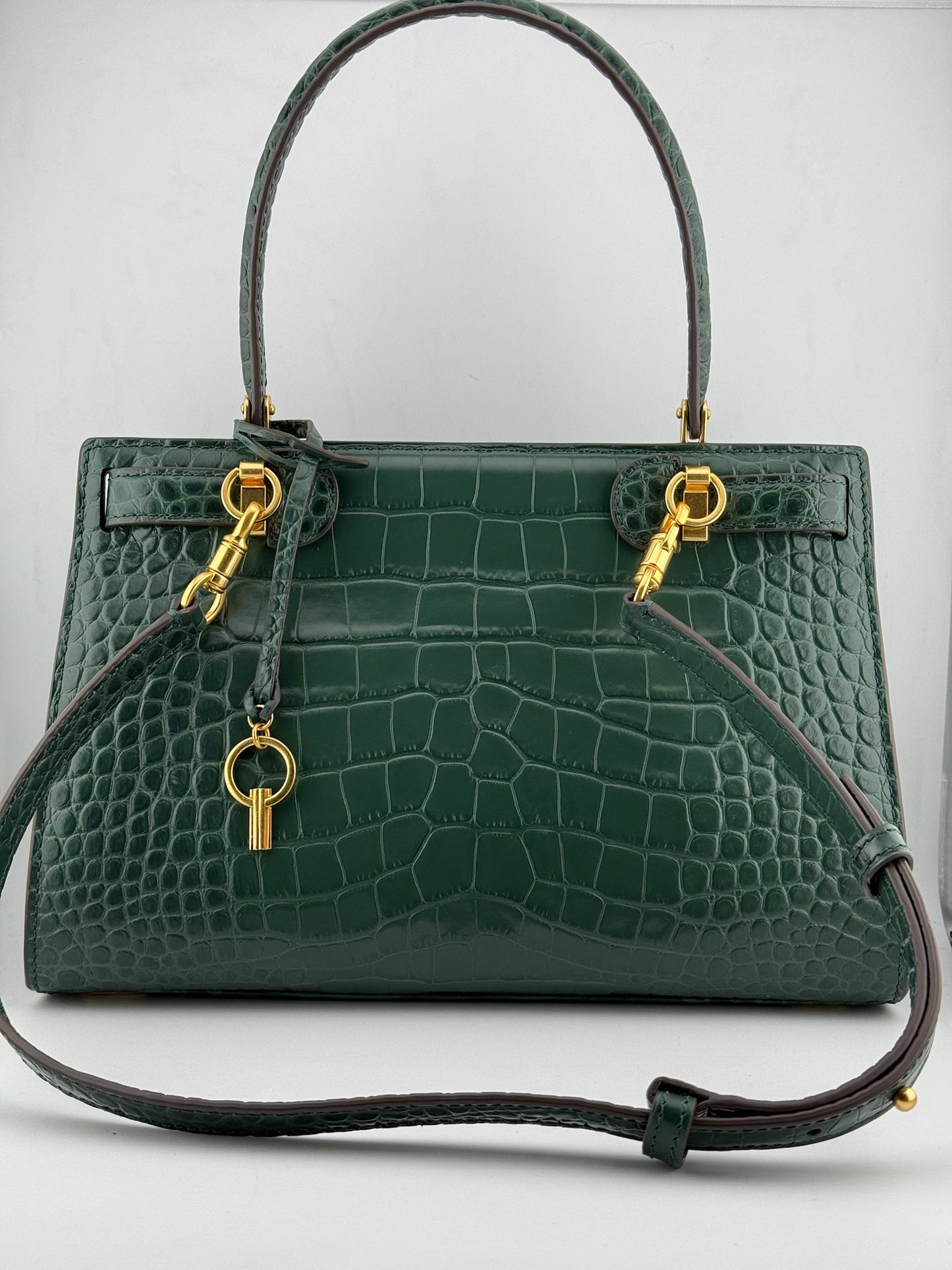 Tory Burch Croc Lee Radziwill Top Handle Bag with Detachable Straps - Green