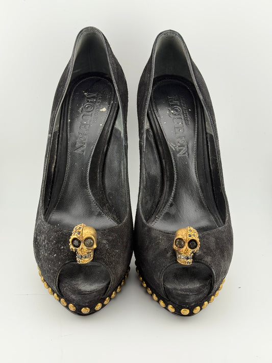 Alexander McQueen Signature Skull Peep Toes - Black Suede (EUR 40)