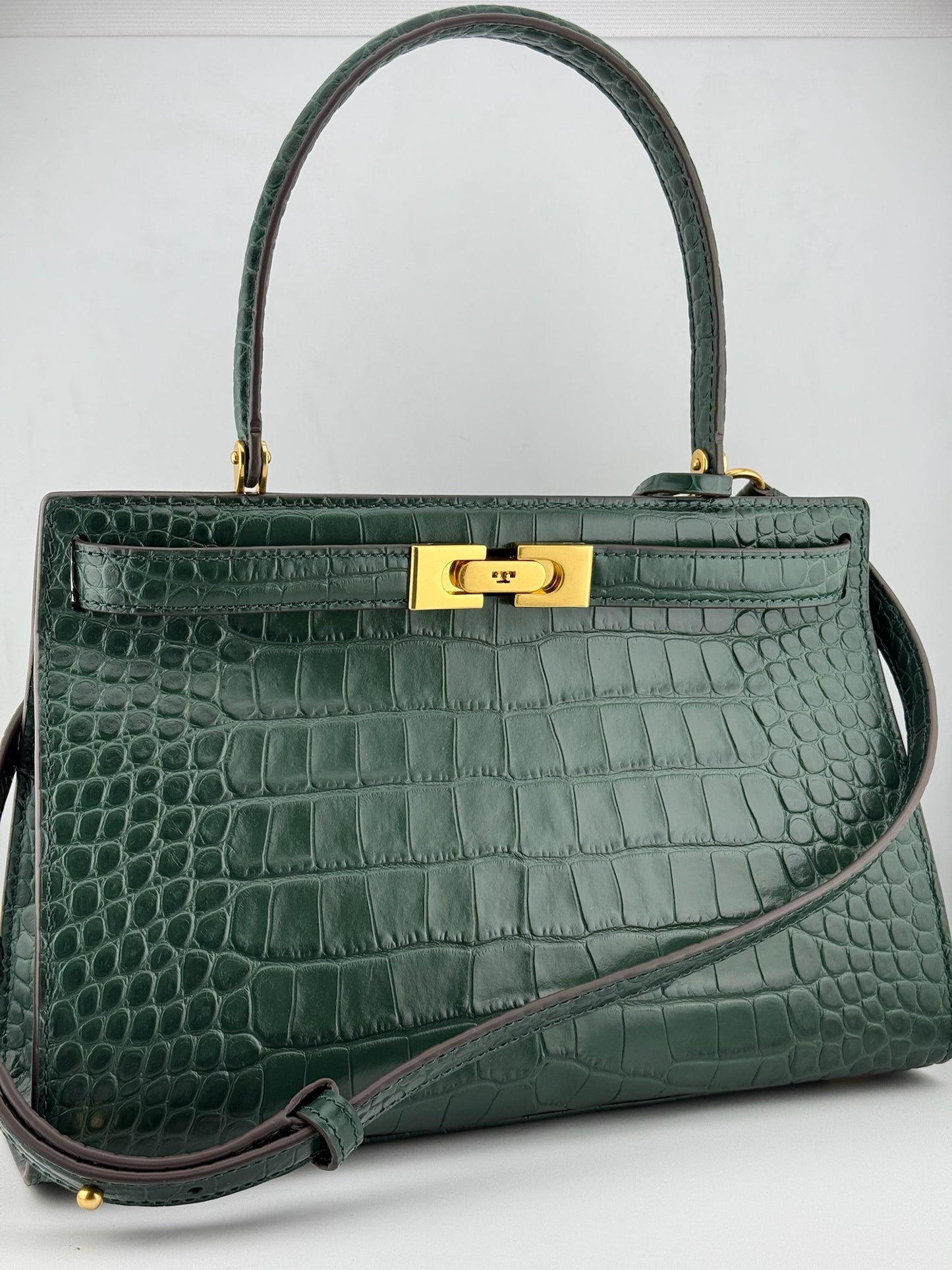 Tory Burch Croc Lee Radziwill Top Handle Bag with Detachable Straps - Green