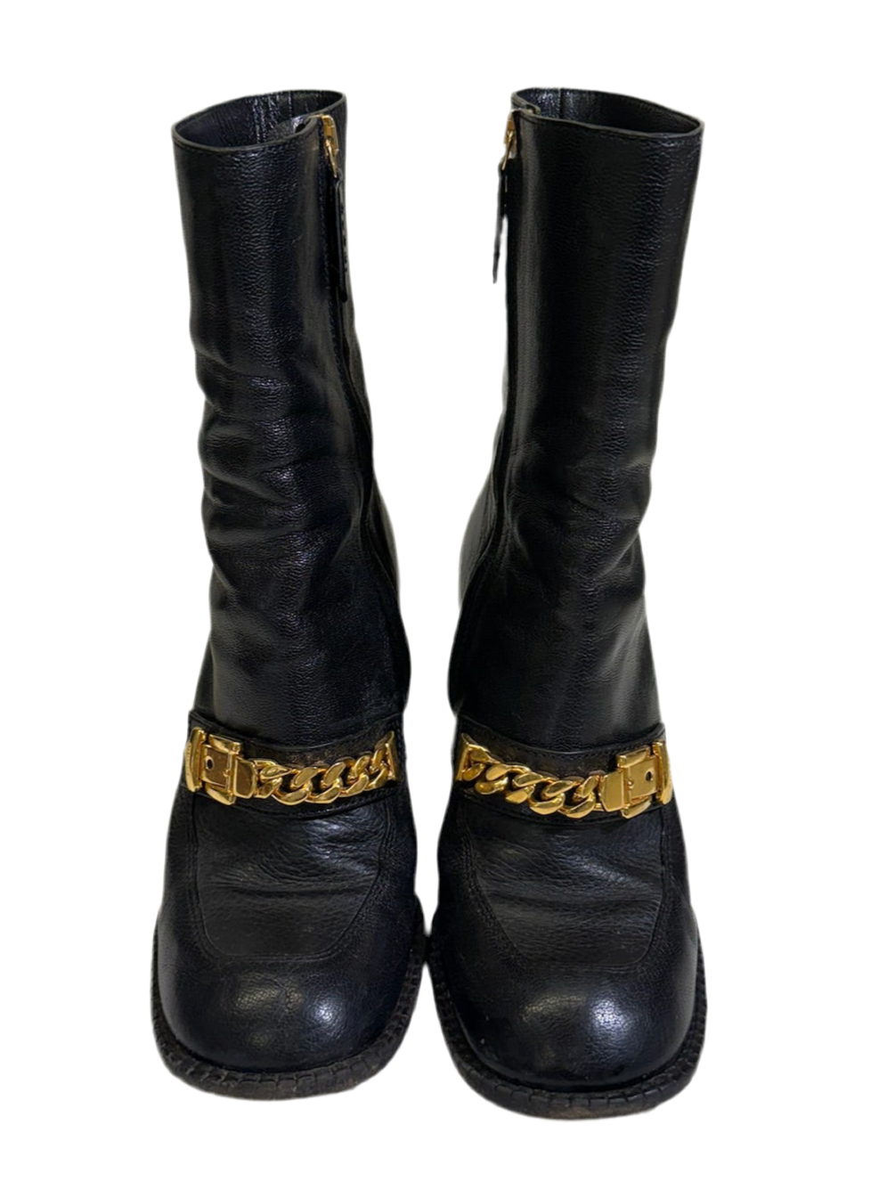 Gucci Leather Heeled Ankle Boots with Sylvie Chain 85 – Black (Size 38)