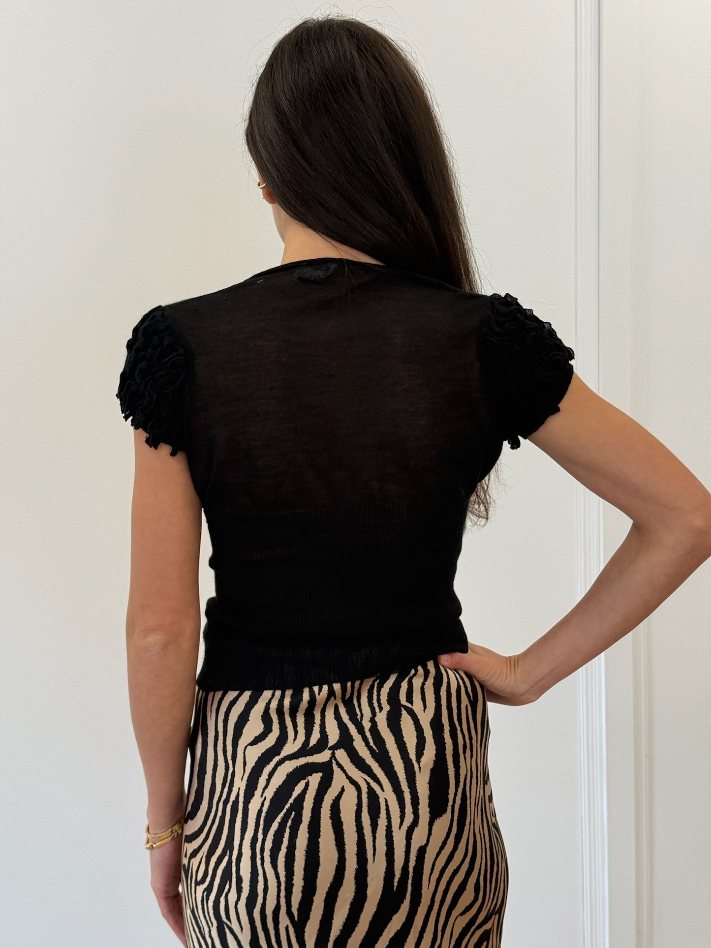 Jil Sander Short Sleeve Ruffle Top - Black (Size 36)