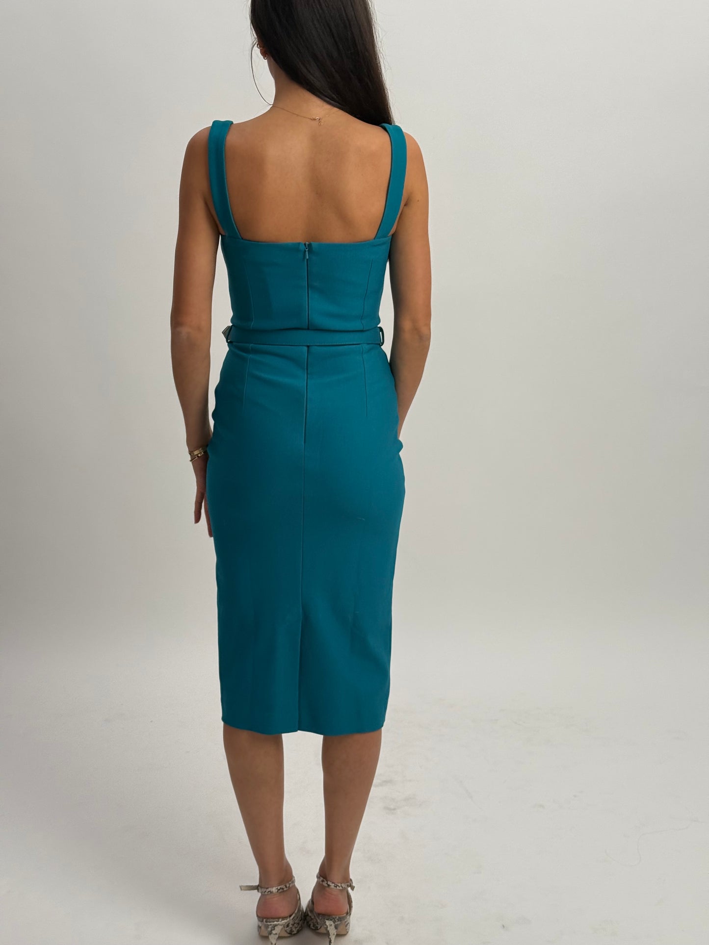 Zoe Vine Mid Length Dress with Pencil Skirt & Belted Waist - Turquoise (UK 8)