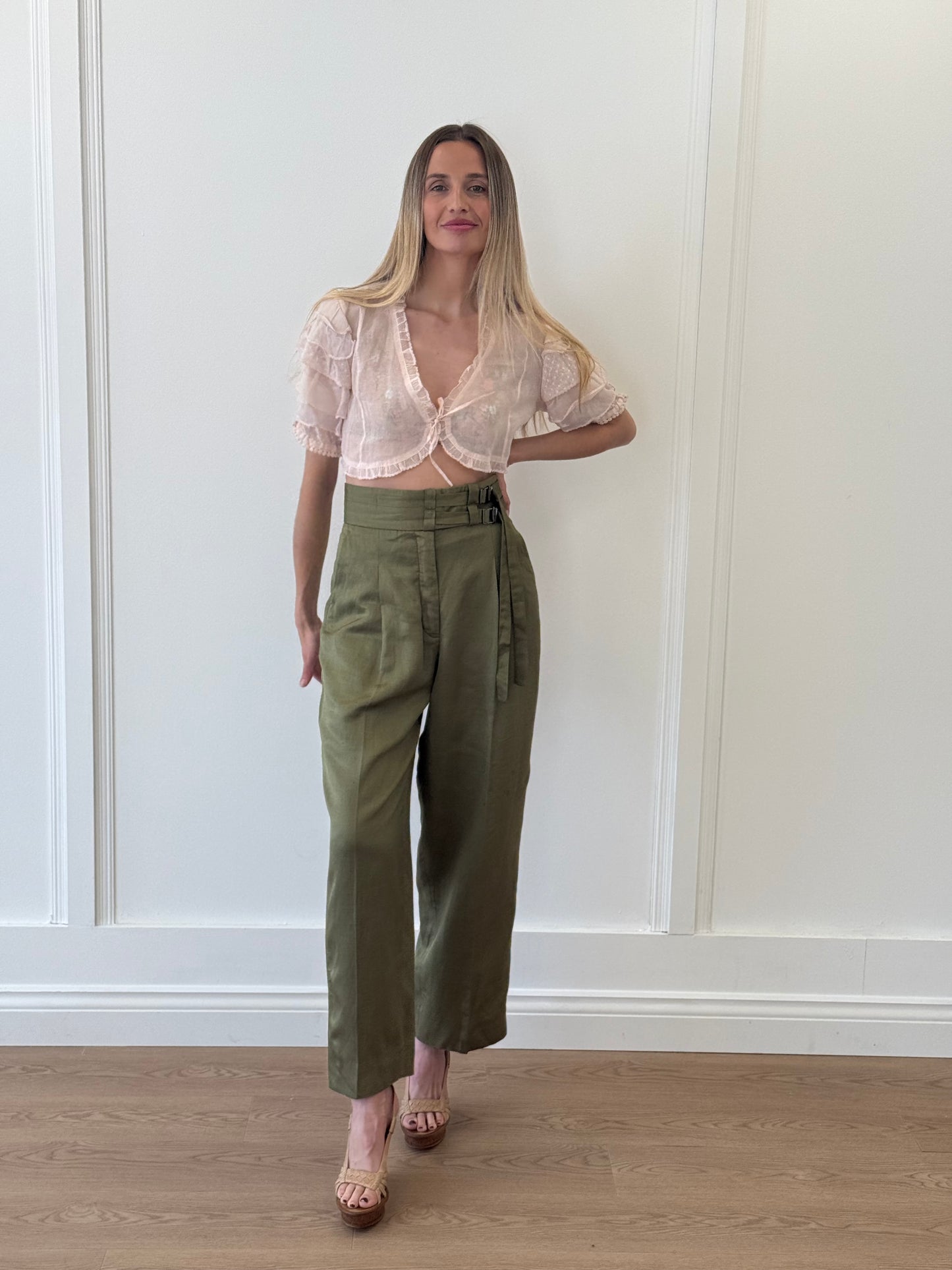 Sandro Green Barrel Leg Pants with Adjustable Belt - Khaki (Size 38)