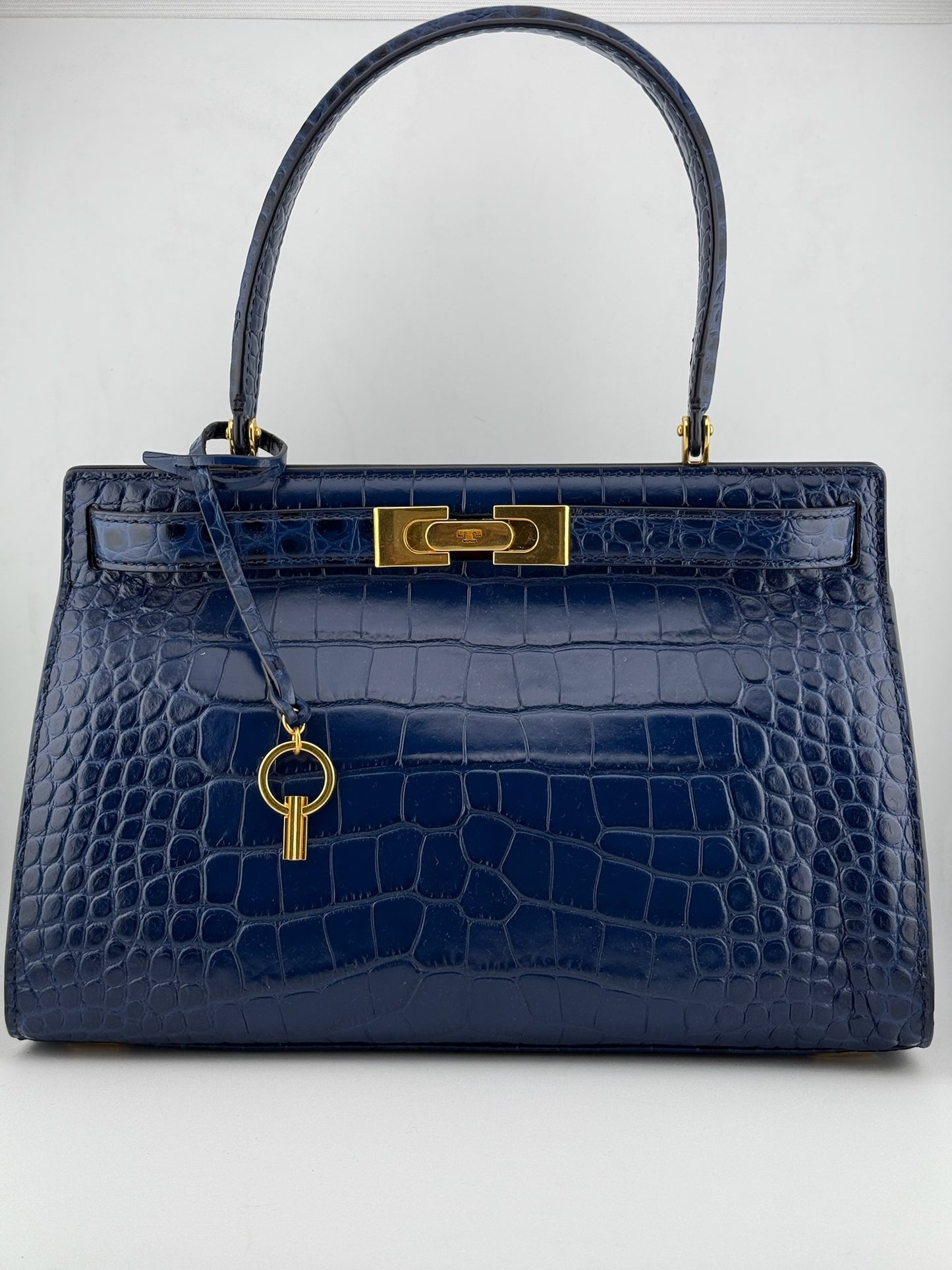 Tory Burch Croc Lee Radziwill Top Handle Bag with Detachable Straps - Blue