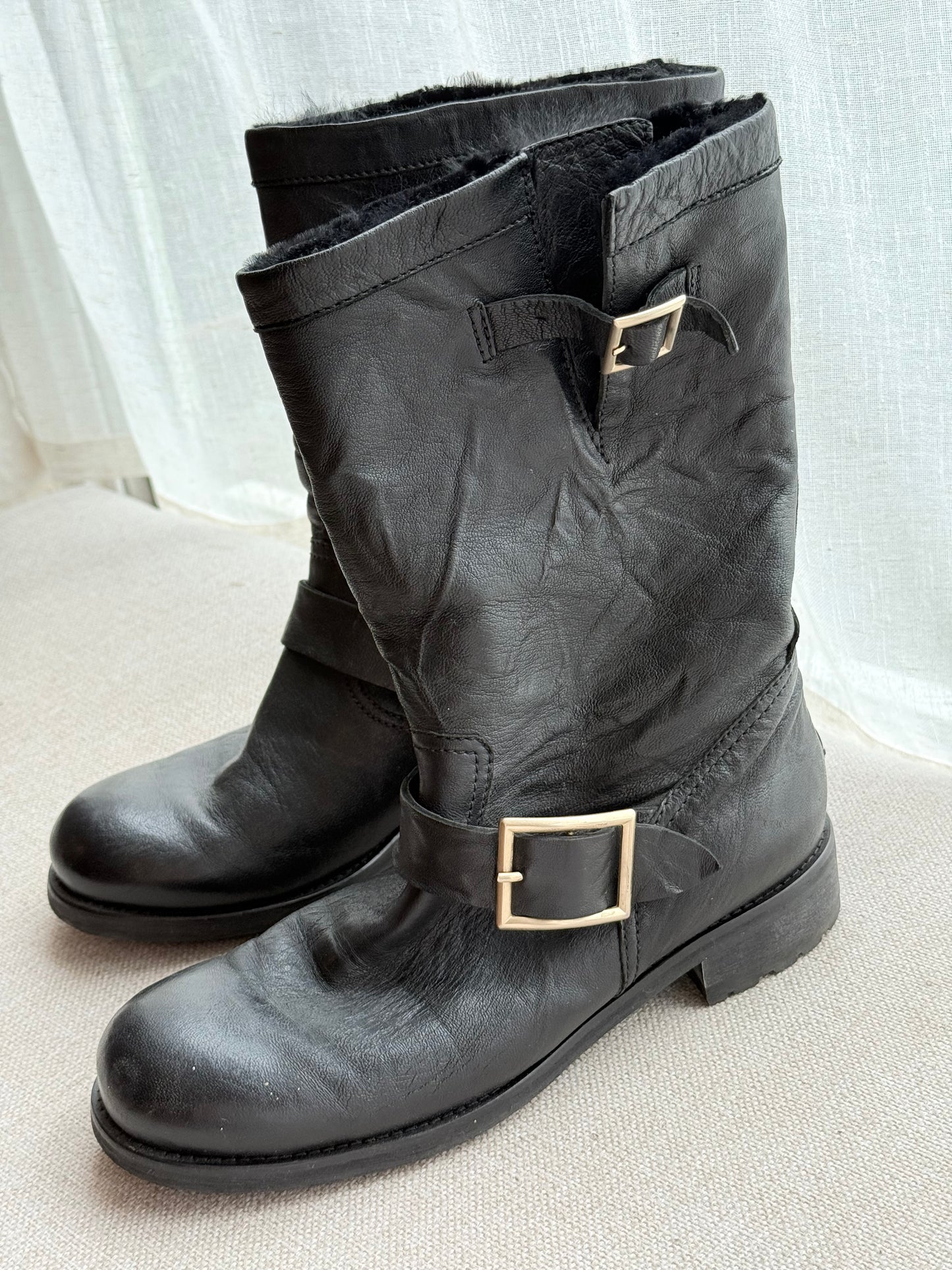 Jimmy Choo Mid-Calf Leather Boots with Fur Lining – Size 5