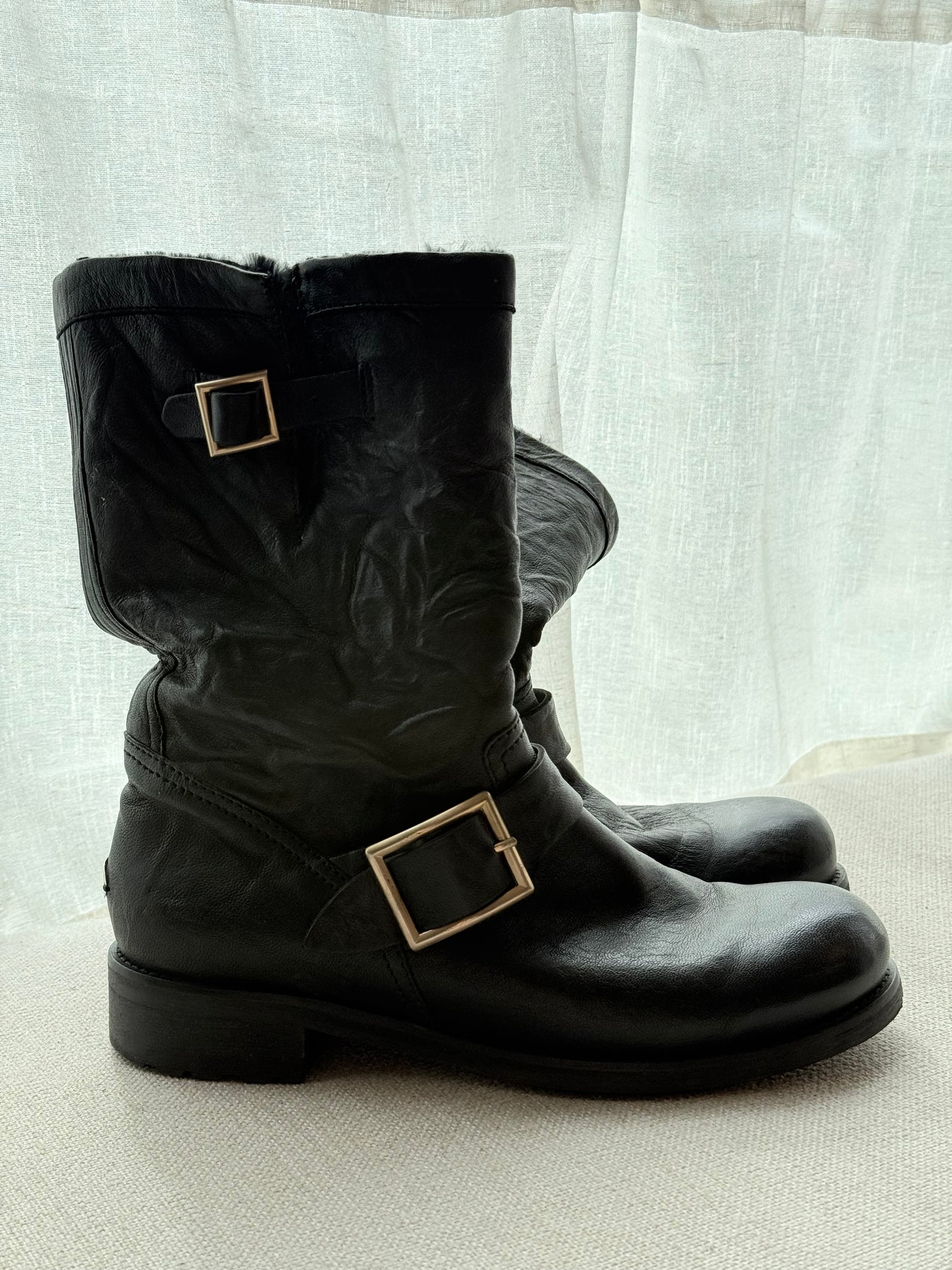 Jimmy Choo Mid-Calf Leather Boots with Fur Lining – Size 5