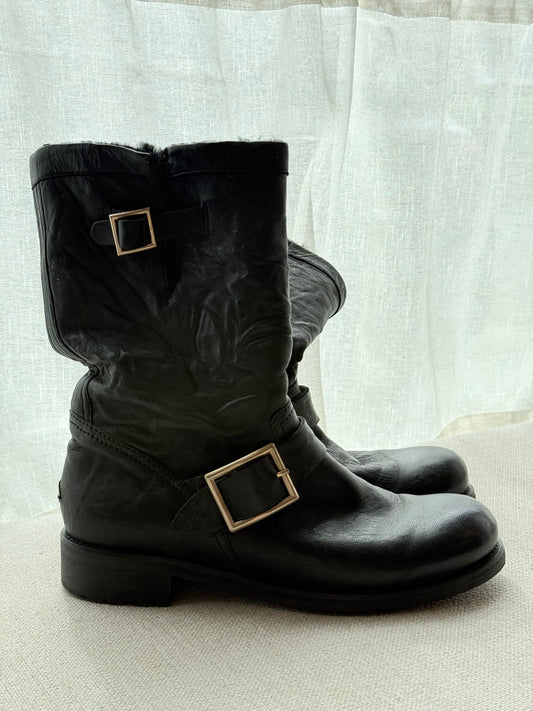 Jimmy Choo Mid-Calf Leather Boots with Fur Lining – Size 5