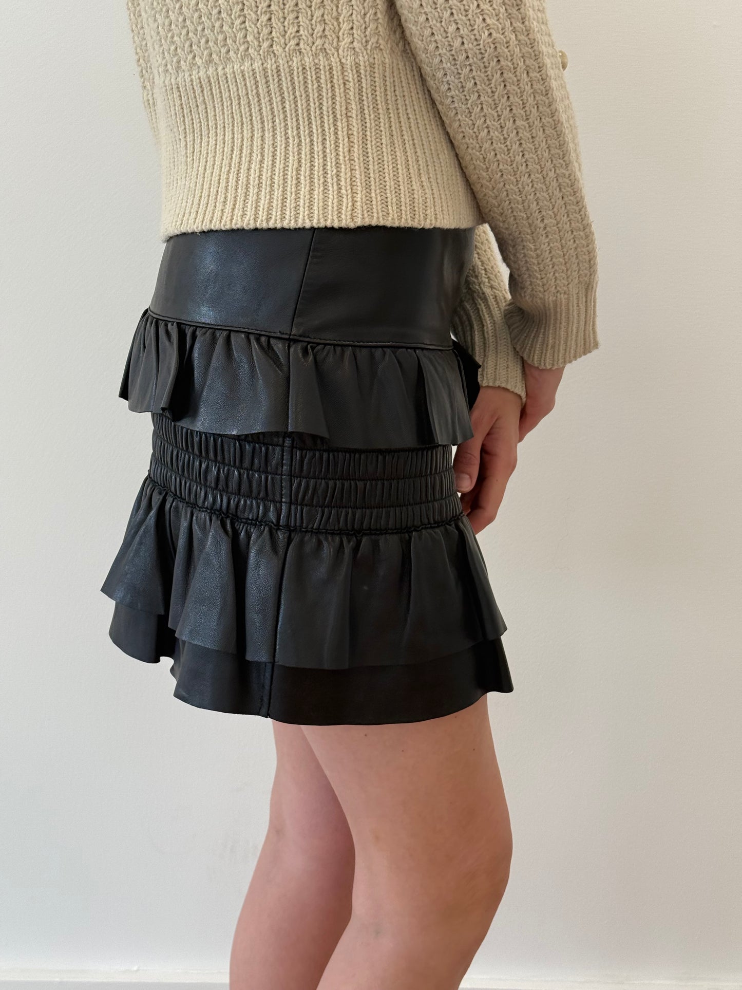 Maje Leather Ruffle Skirt - Black (Estimated Size 8)