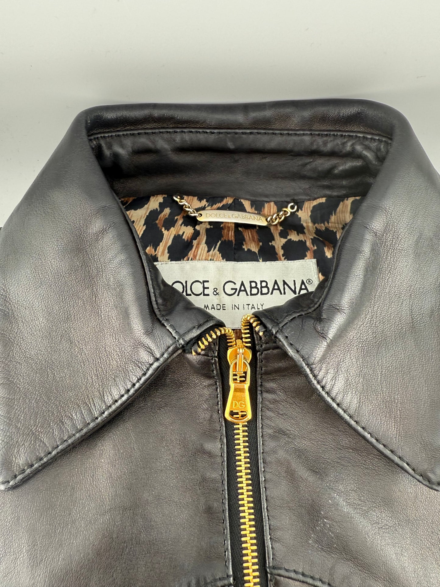 Dolce & Gabbana Leather Biker Jacket with Statement Cuff & Leopard Lining - Black (Estimated XS/S)